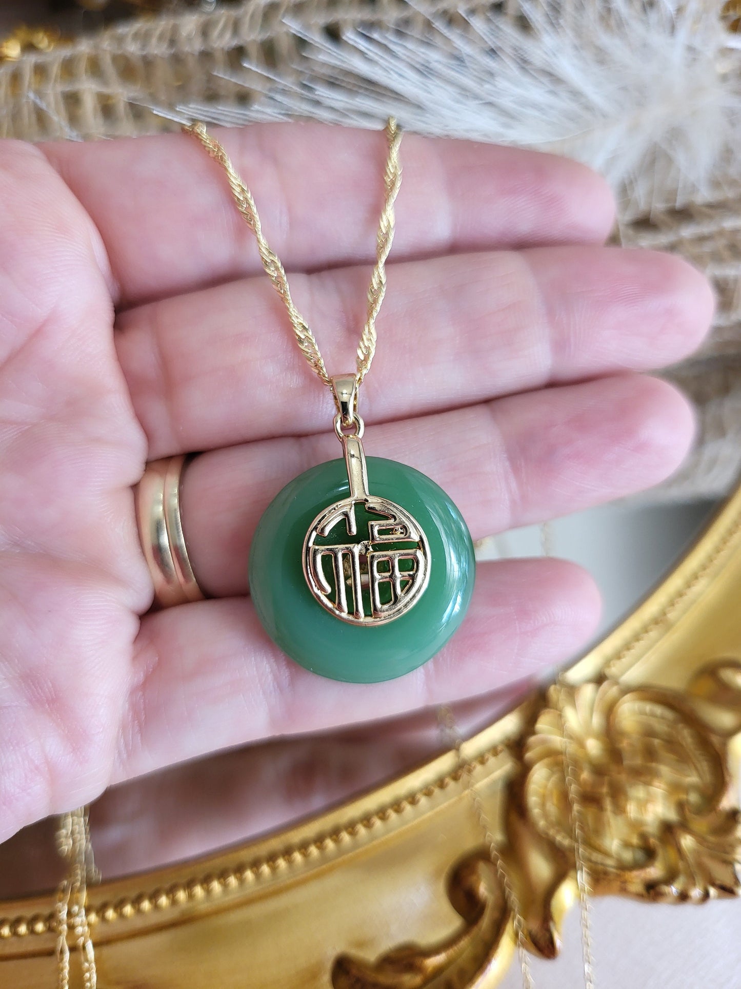 Gold Green Jade Necklace, WATERPROOF Custom Adjustable Chains.