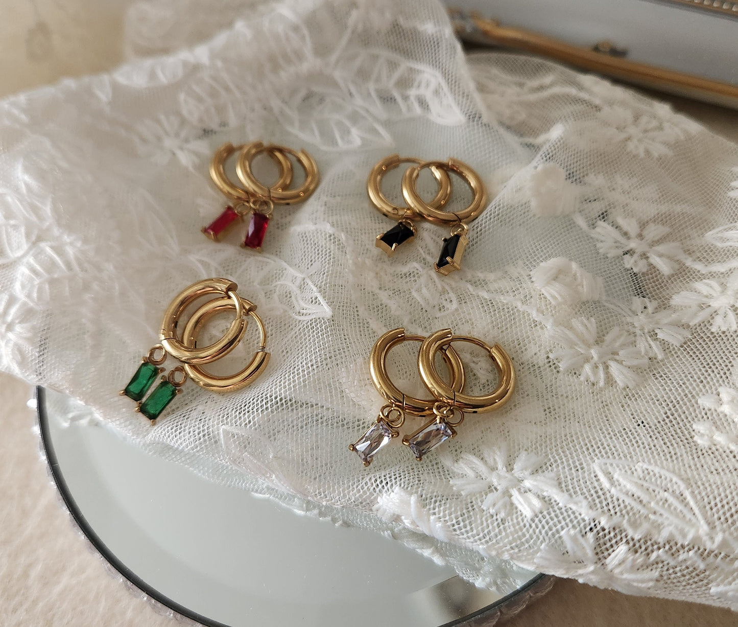 Gold Filled Emerald Hoop Earrings , Waterproof , High Quality.