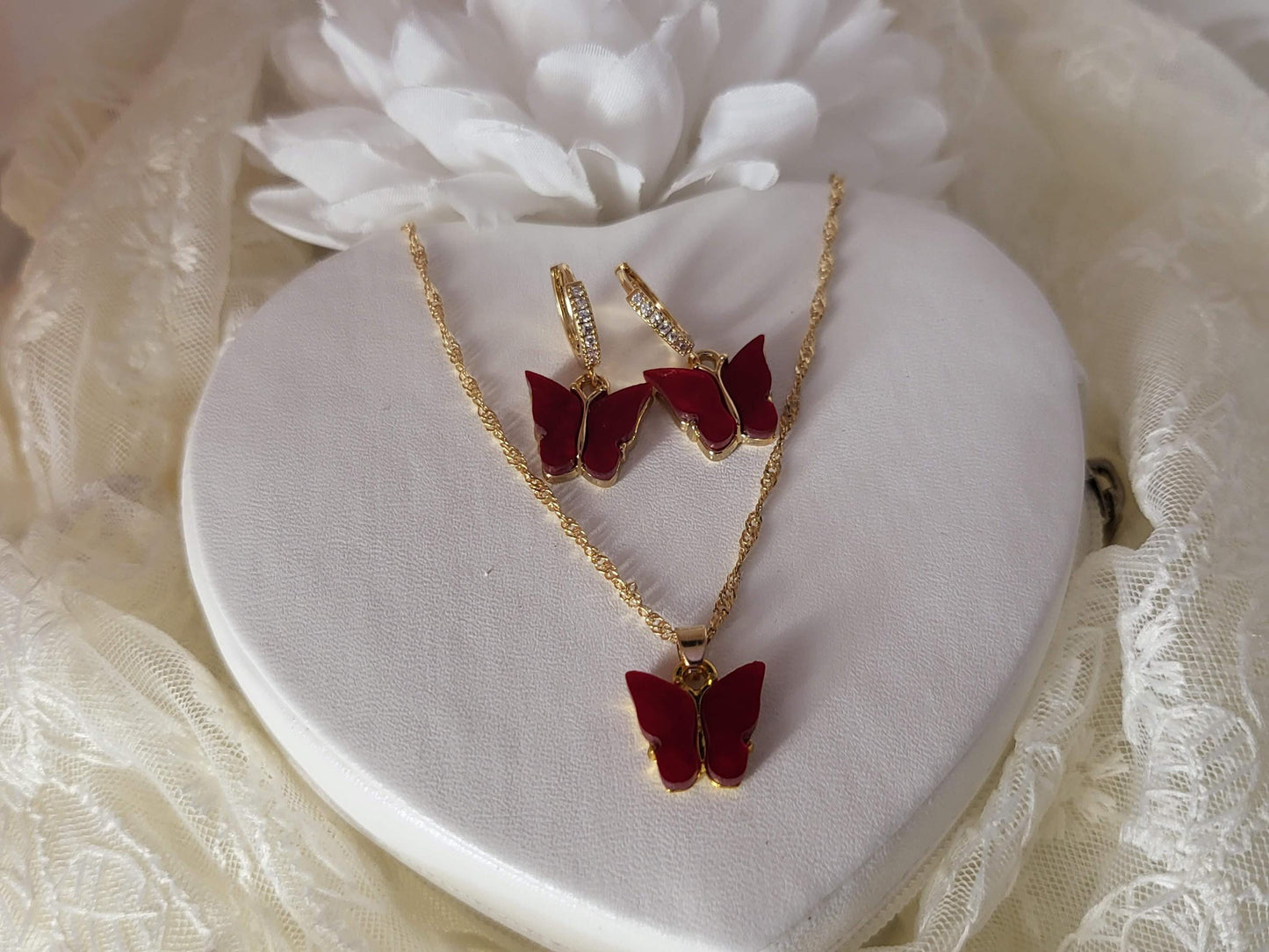 18K Gold Butterfly Earrings- Necklace, WATERPROOF Chains, Gifts for Her.
