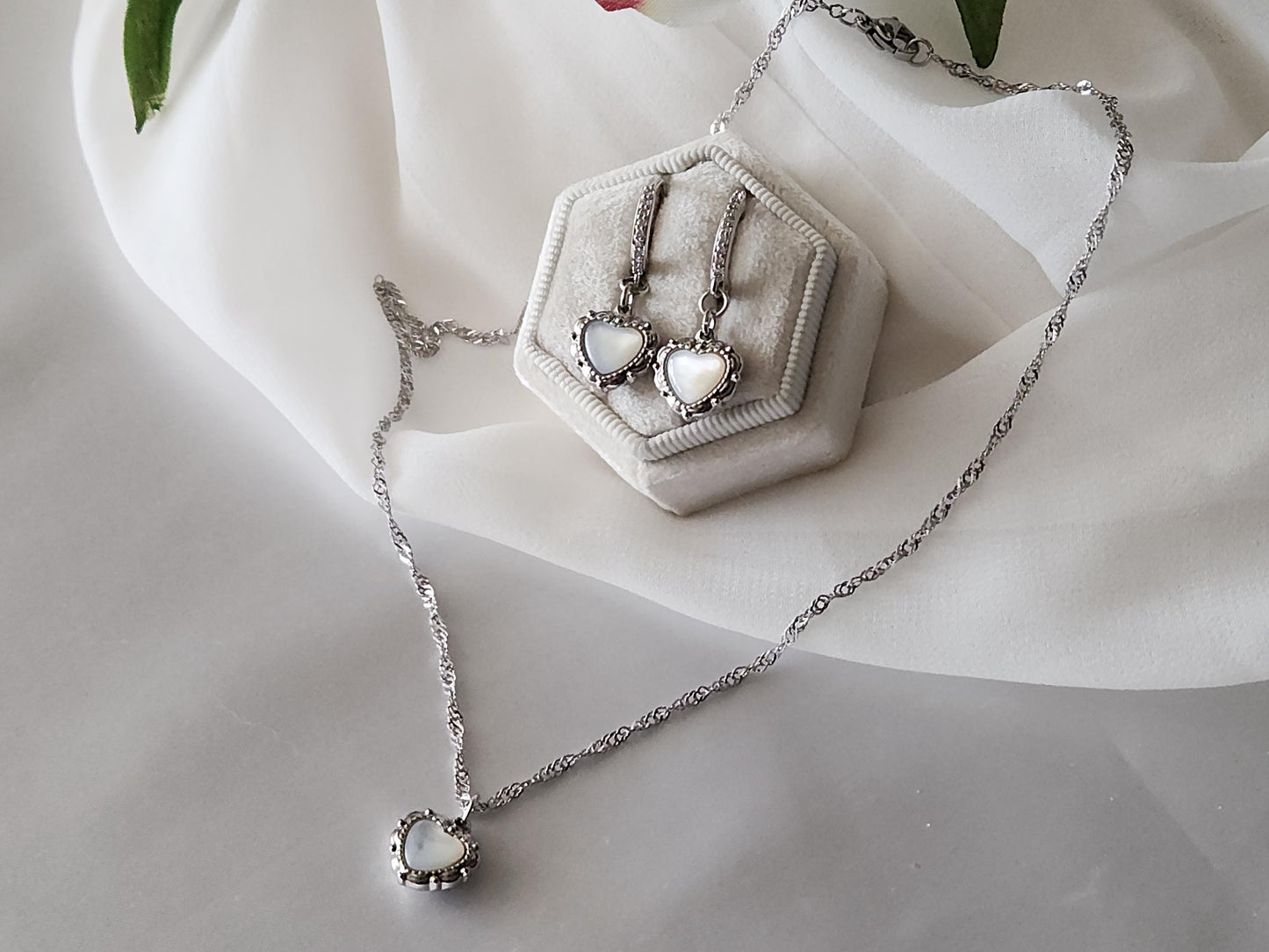 Silver Mother of Pearl Heart Earrings ,WATERPROOF , Love Necklace .