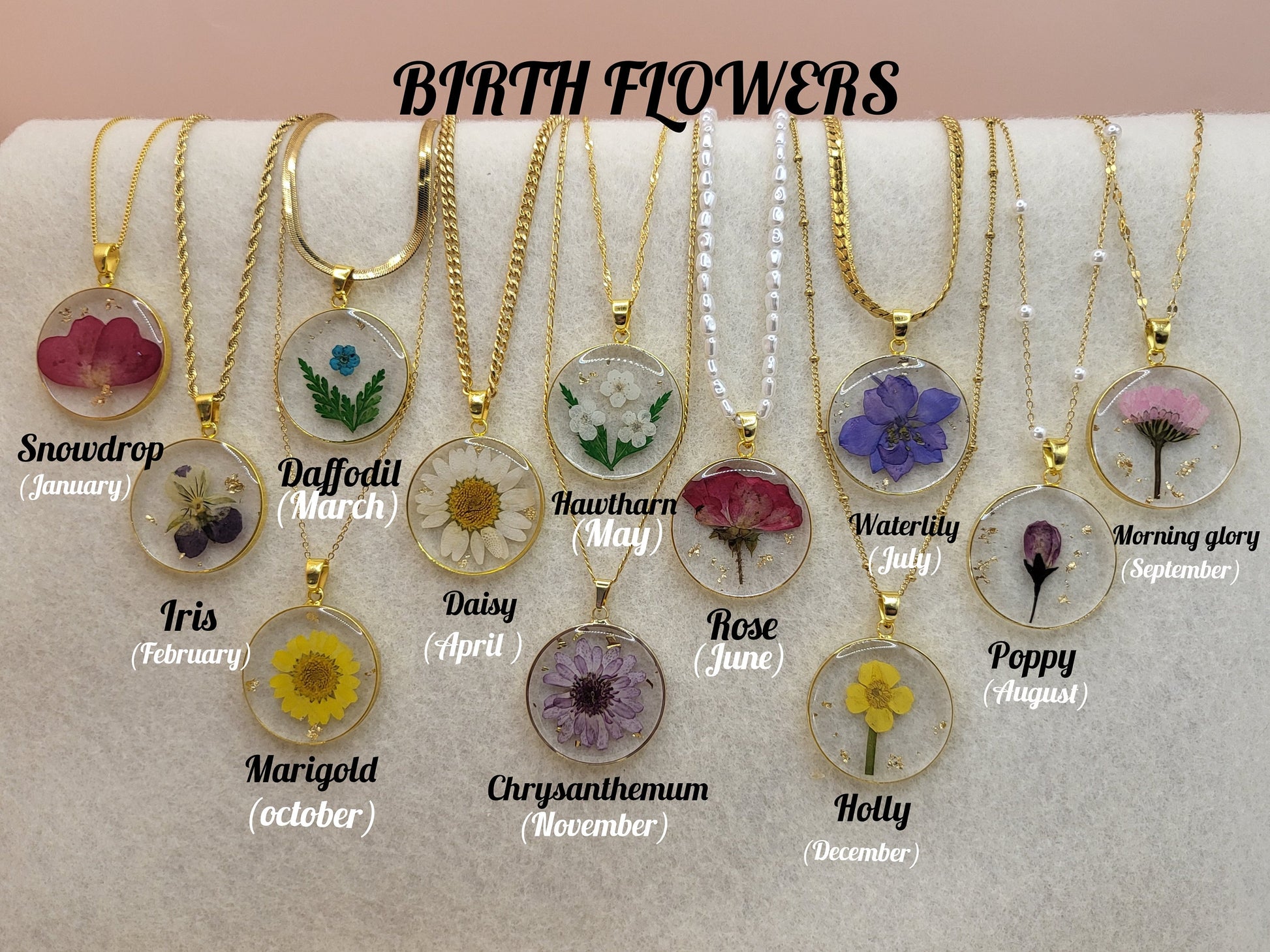 Real Dried Birth Month Flower Necklace, Birthday Gift.