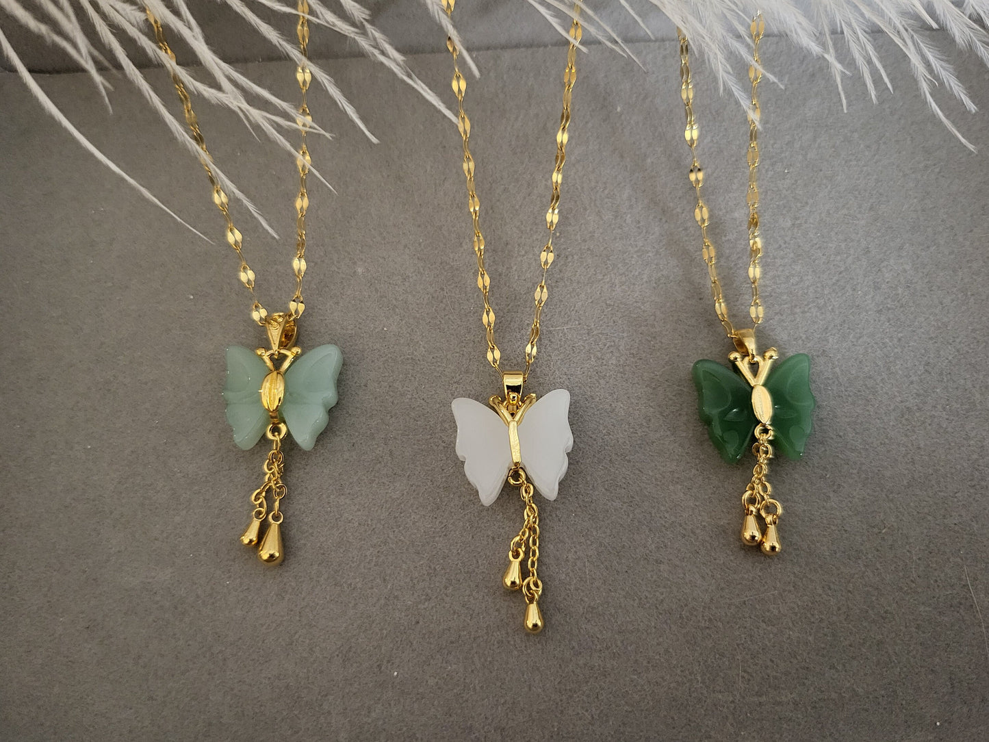 Gold Filled Butterfly Jade Earrings, WATERPROOF Jade Necklace, Gifts for Her.