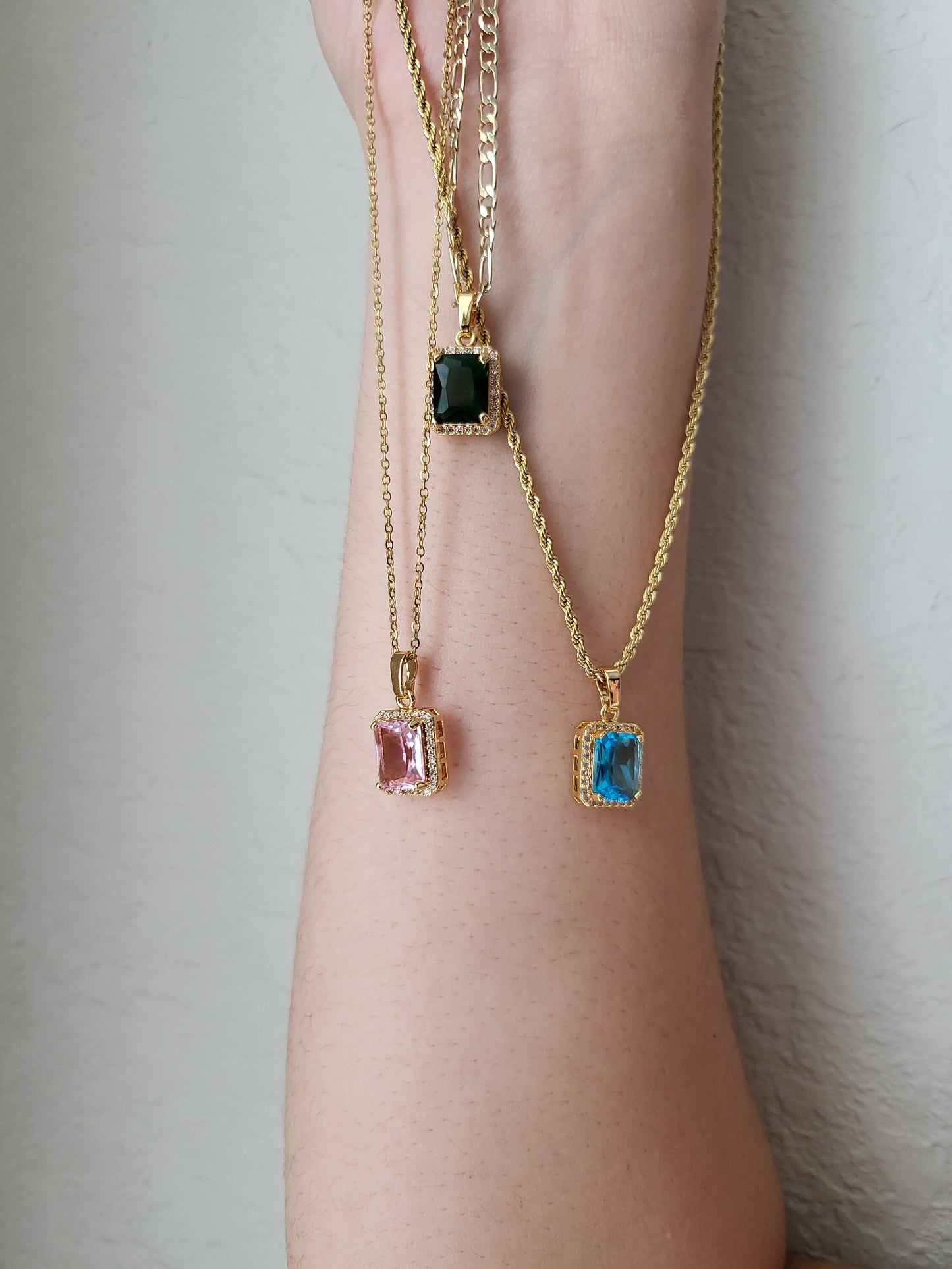 Gold Filled Square Zircon Necklace, WATERPROOF Adjustable Chains.