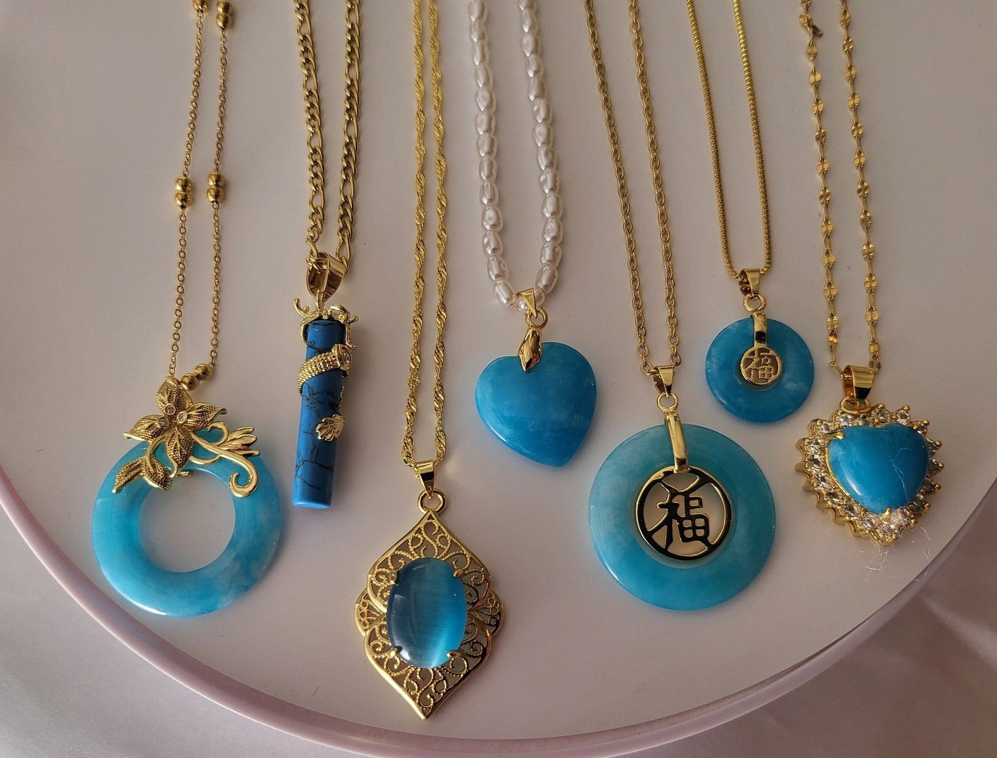 Gold Blue Jade Necklace, WATERPROOF Adjustable Chains.