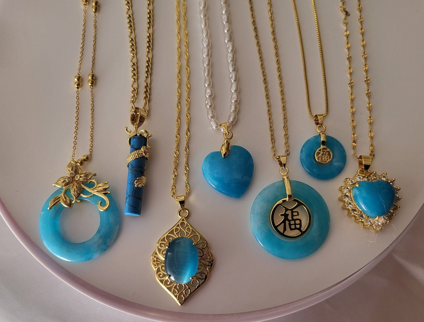Gold Blue Jade Necklace, WATERPROOF Adjustable Chains.