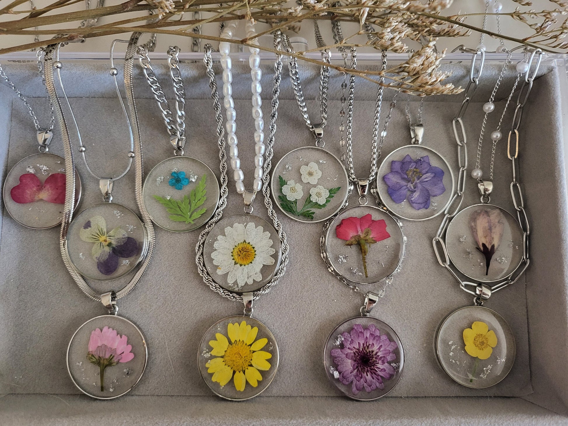 Silver Real Dried Birth Month Flower Necklace, Birthday Gift.