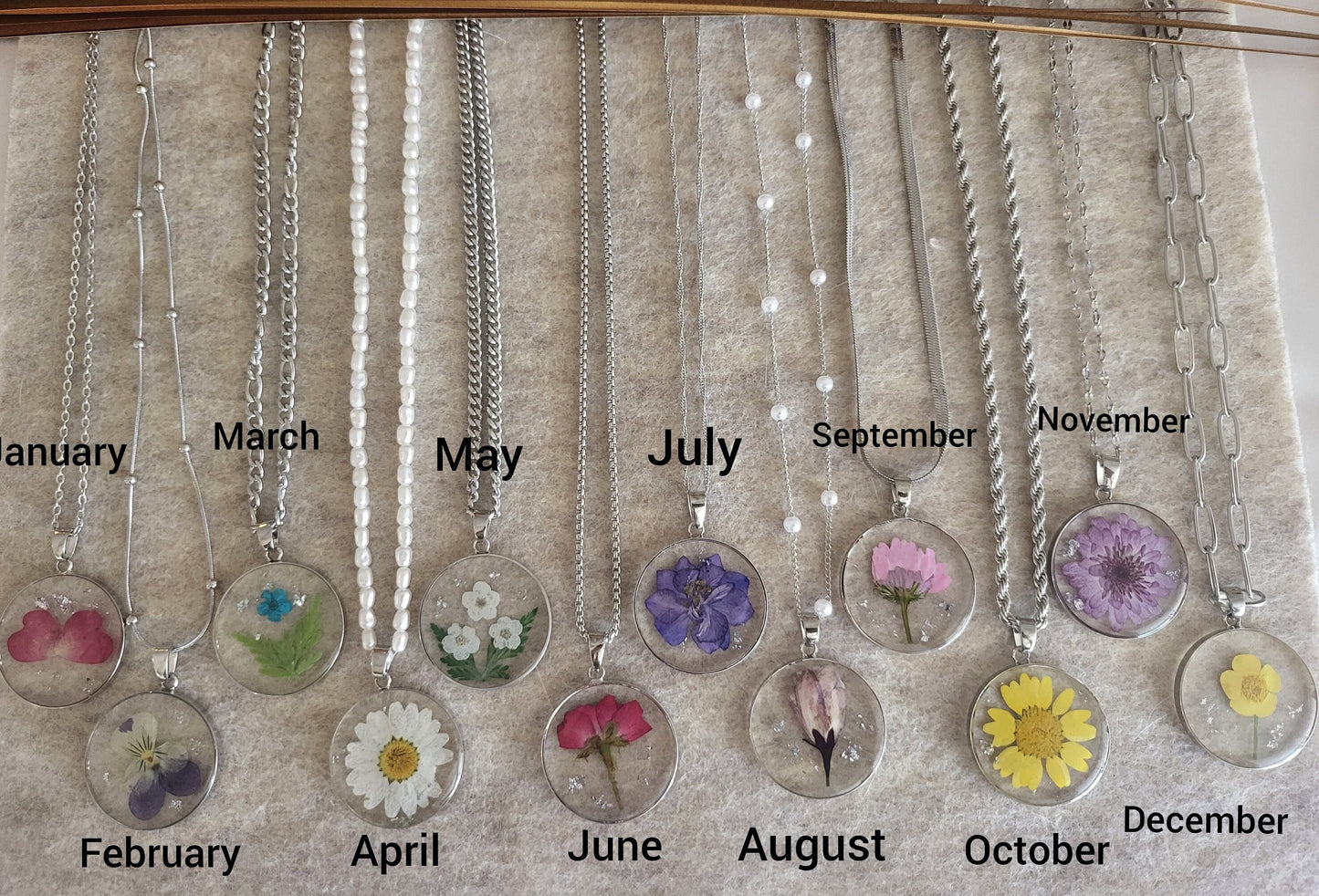 Silver Real Dried Birth Month Flower Necklace, Birthday Gift.