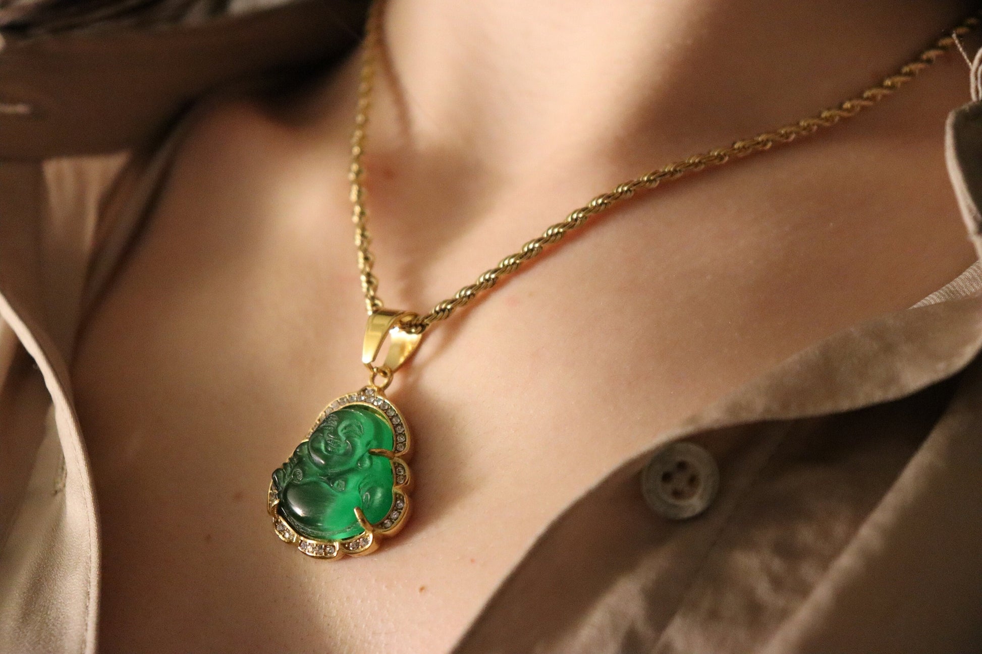 Gold Jade Buddha Necklace, WATERPROOF Adjustable Rope Chains.