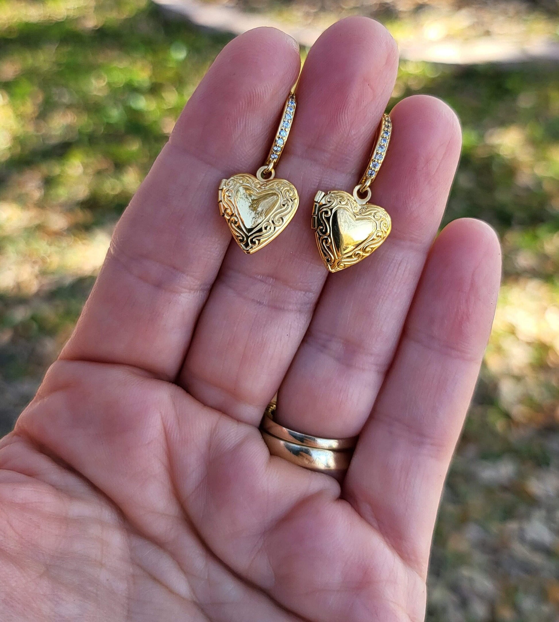 Gold Heart Locket Earrings , Engraved Heart Locket with photo, Personalized gift.