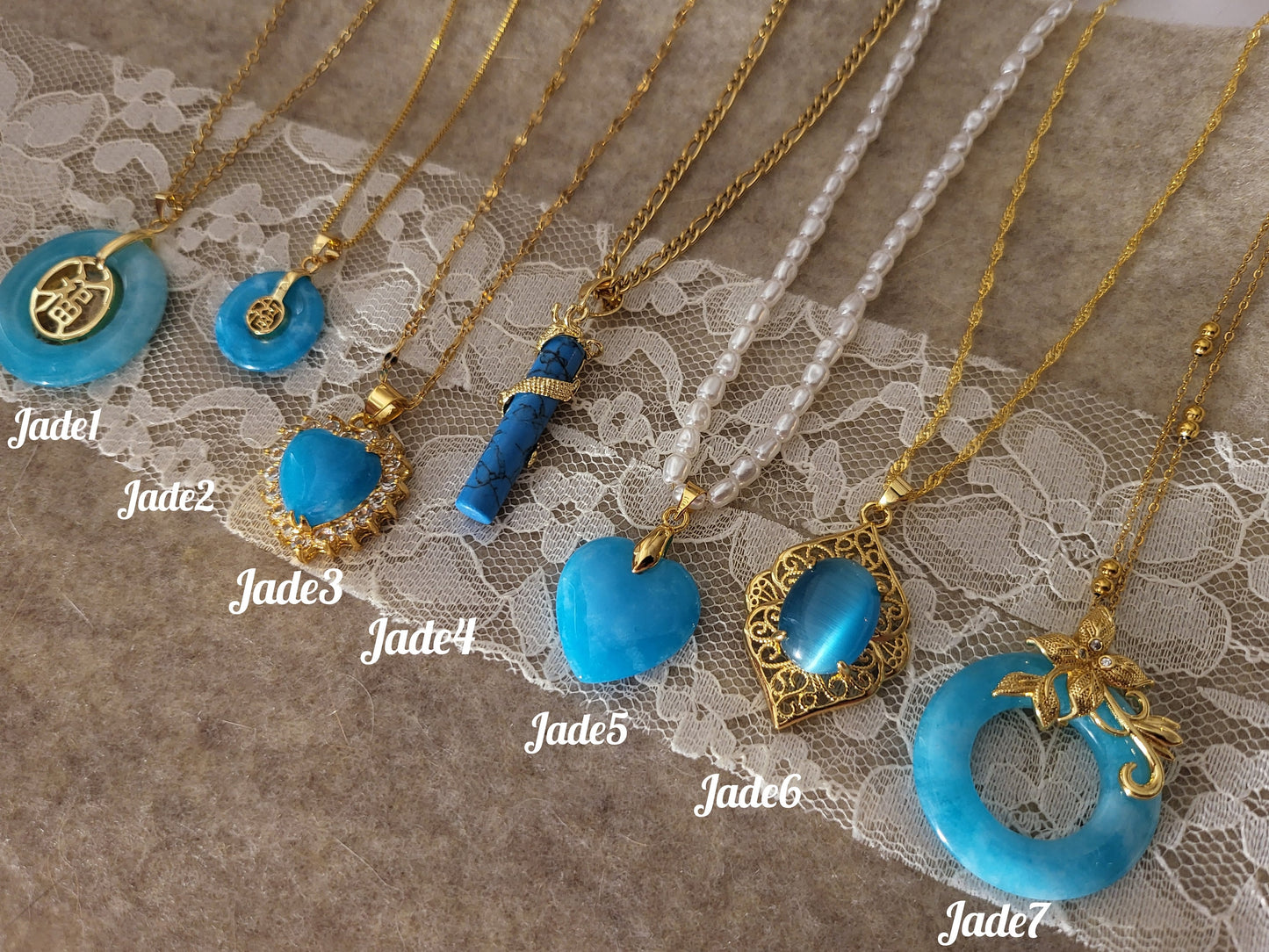 Gold Blue Jade Necklace, WATERPROOF Adjustable Chains.