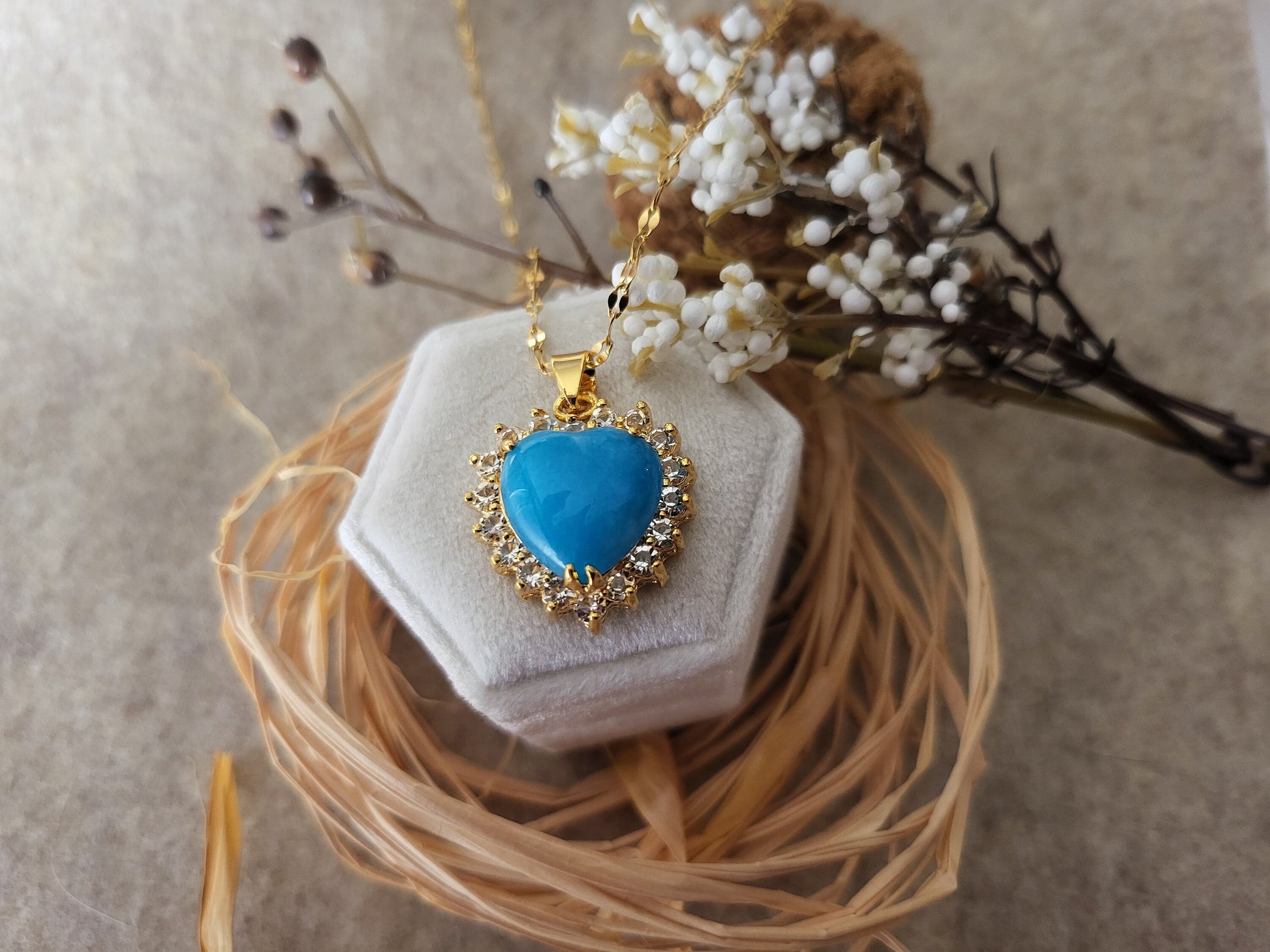 Gold Blue Jade Necklace, WATERPROOF Adjustable Chains.