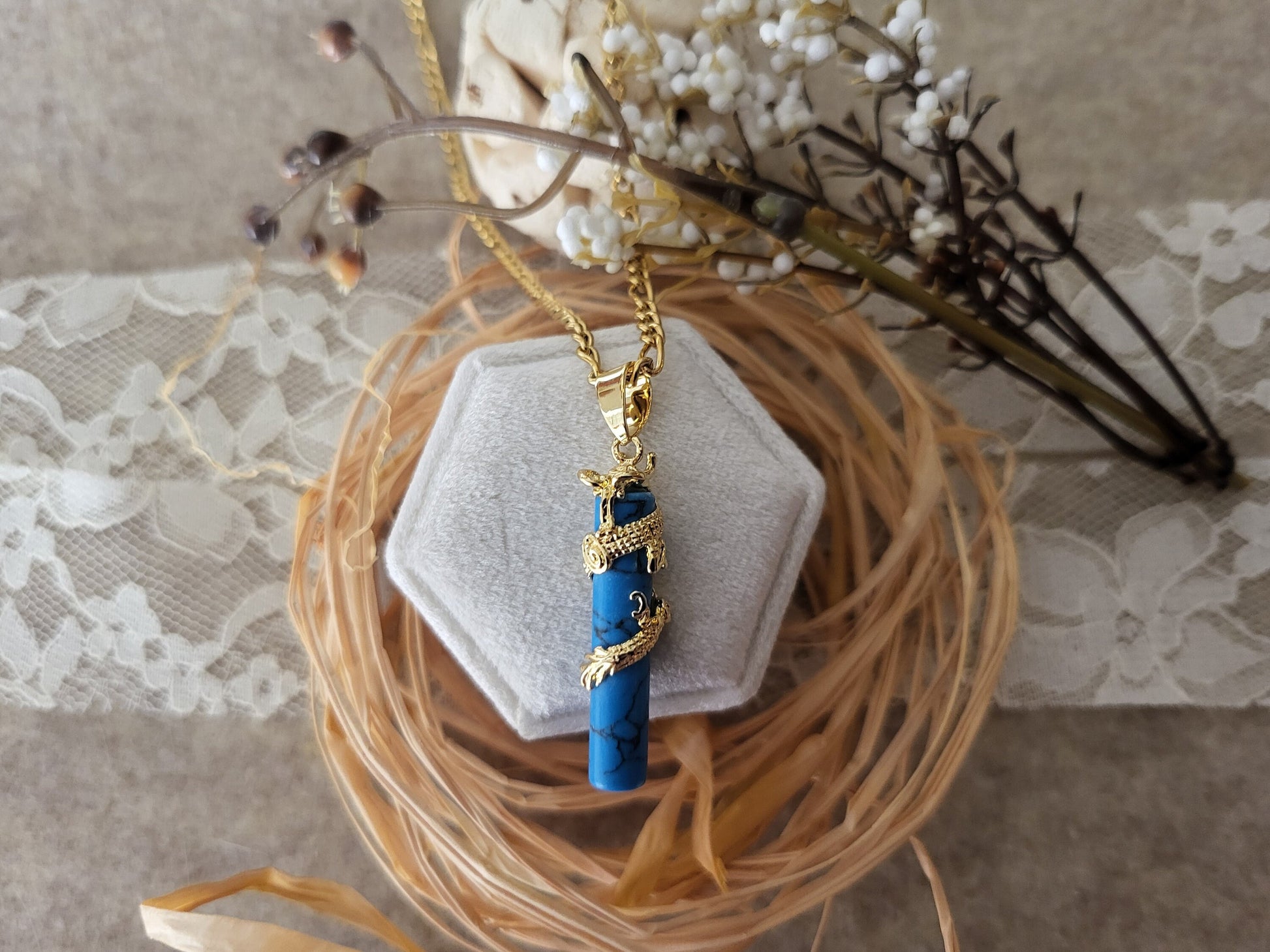 Gold Blue Jade Necklace, WATERPROOF Adjustable Chains.