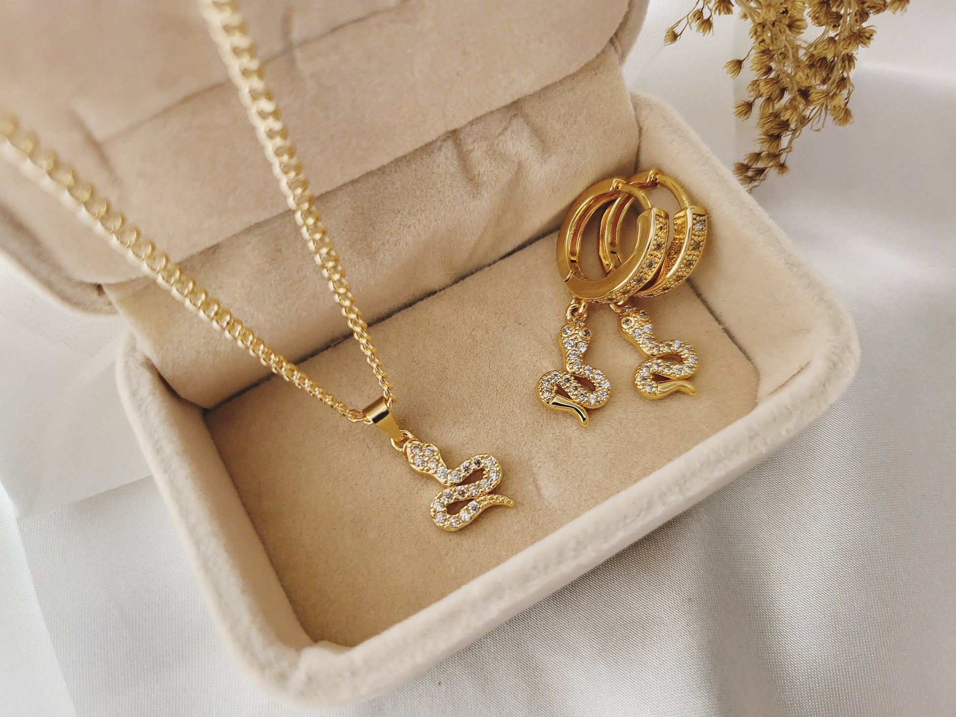 Gold Snake CZ Earrings ,Snake Pendant Necklace, Anniversary Gift.