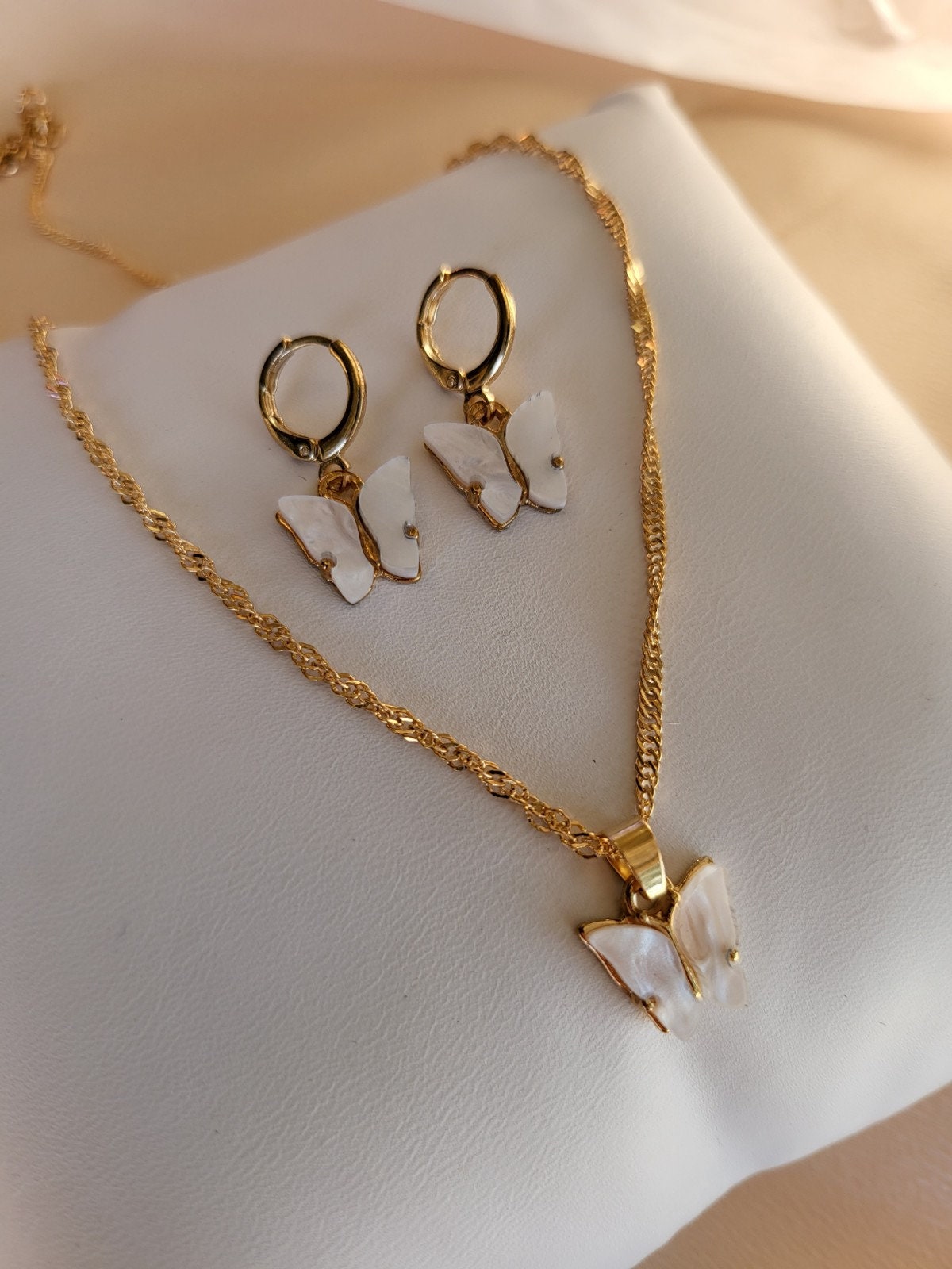 18K Gold Butterfly Earrings- Necklace, WATERPROOF Chains, Gifts for Her.