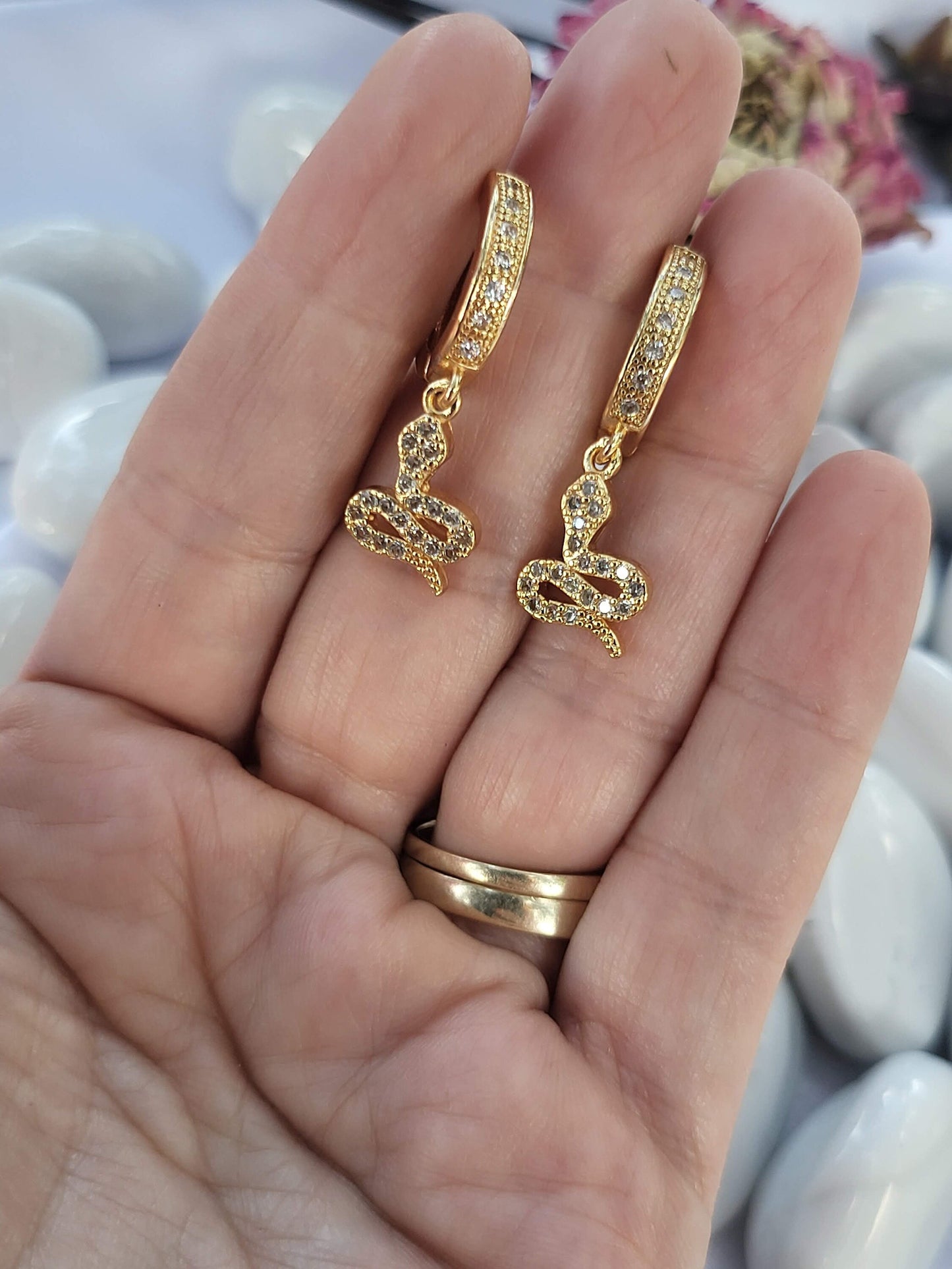 Gold Snake CZ Earrings ,Snake Pendant Necklace, Anniversary Gift.