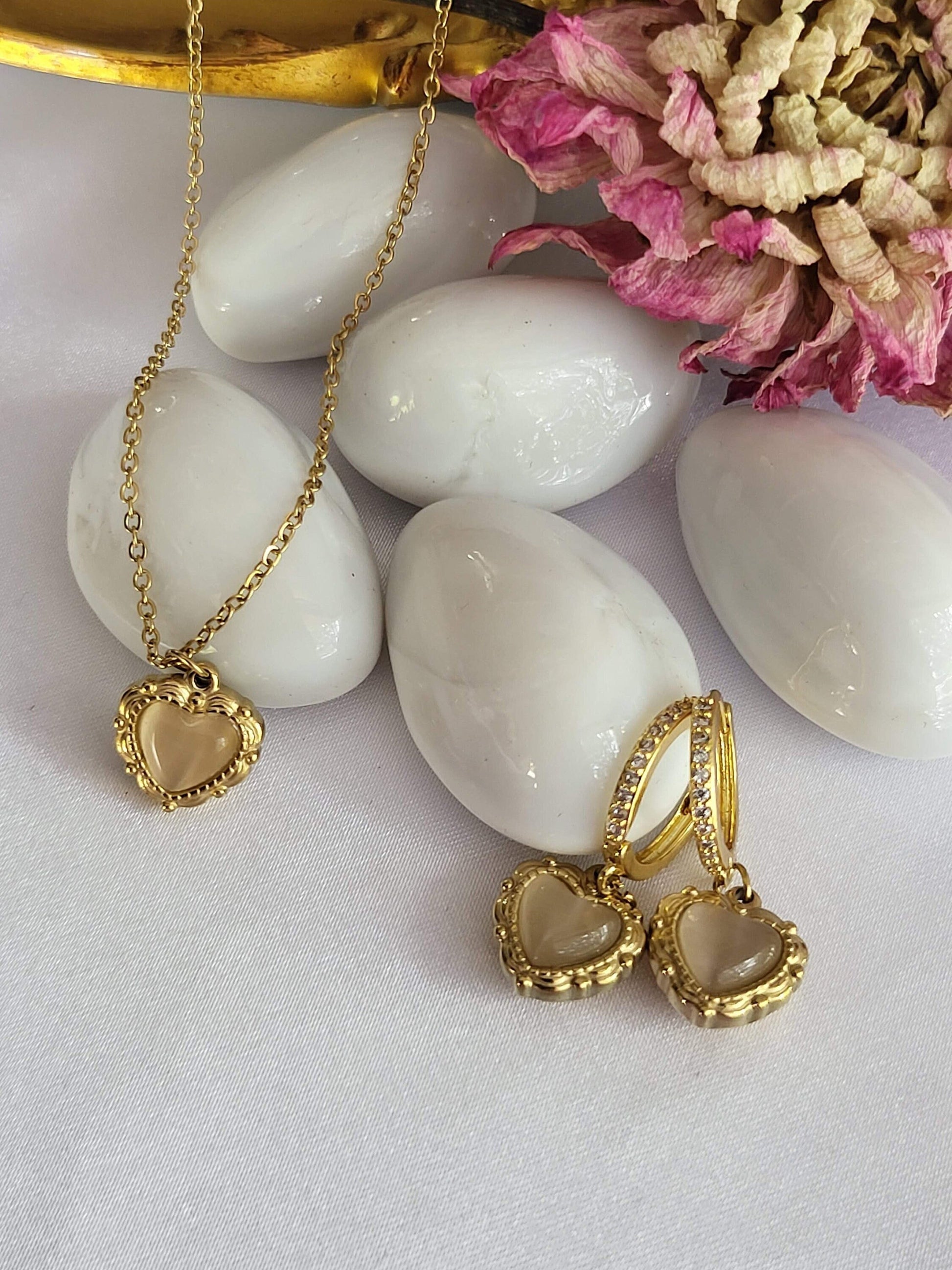 Gold Filled Mother of Pearl Heart Earrings , Love Necklace .