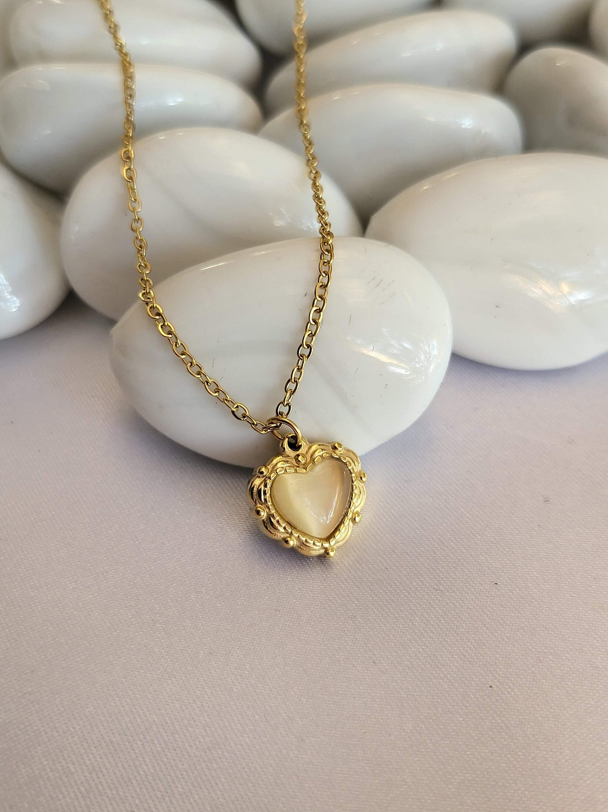 Gold Filled Mother of Pearl Heart Necklace ,Waterproof Adjustable Chains, Love Earrings .