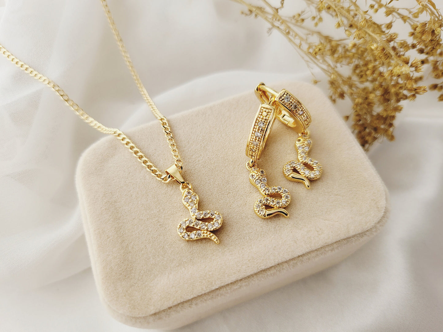 Gold Snake CZ Earrings ,Snake Pendant Necklace, Anniversary Gift.