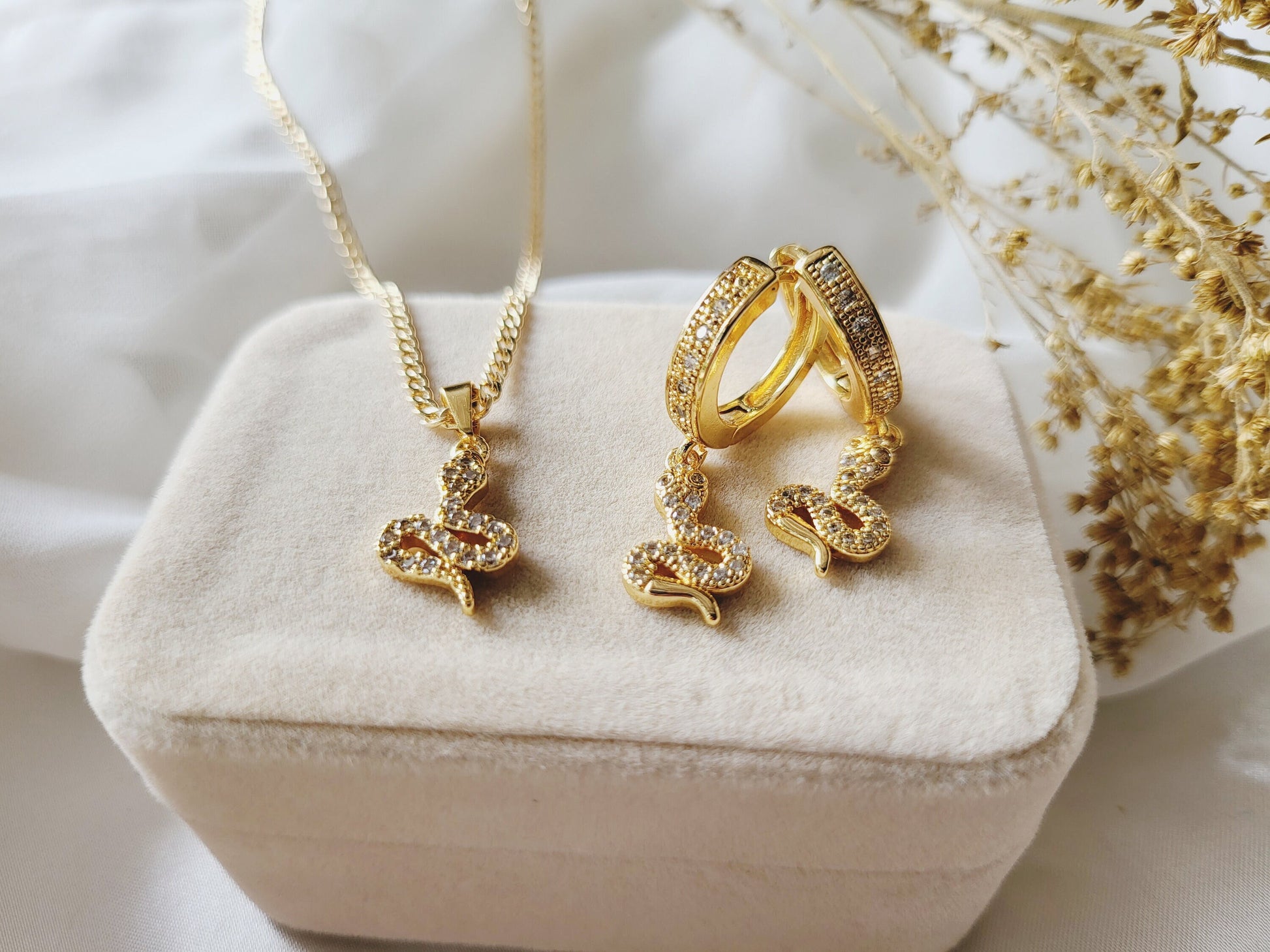 Gold Snake CZ Earrings ,Snake Pendant Necklace, Anniversary Gift.