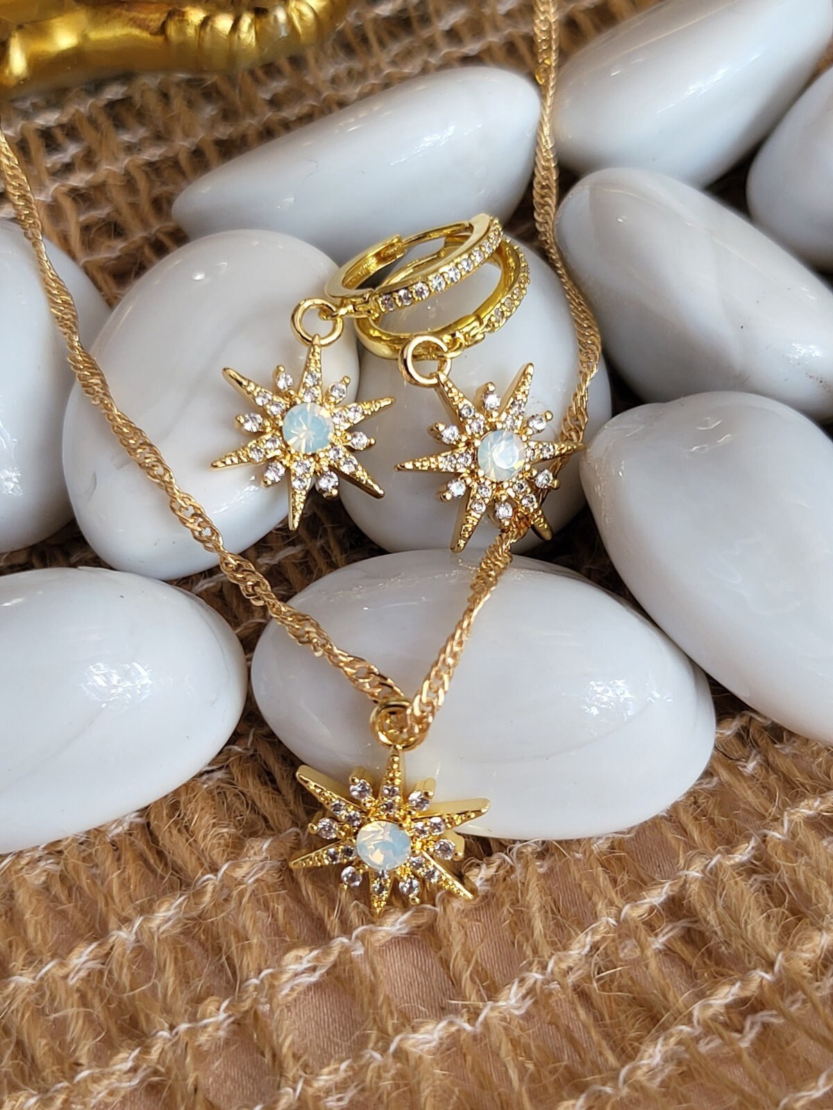 Gold Filled Opal Star Necklace, Star Earrings, WATERPROOF Adjustable Chains.