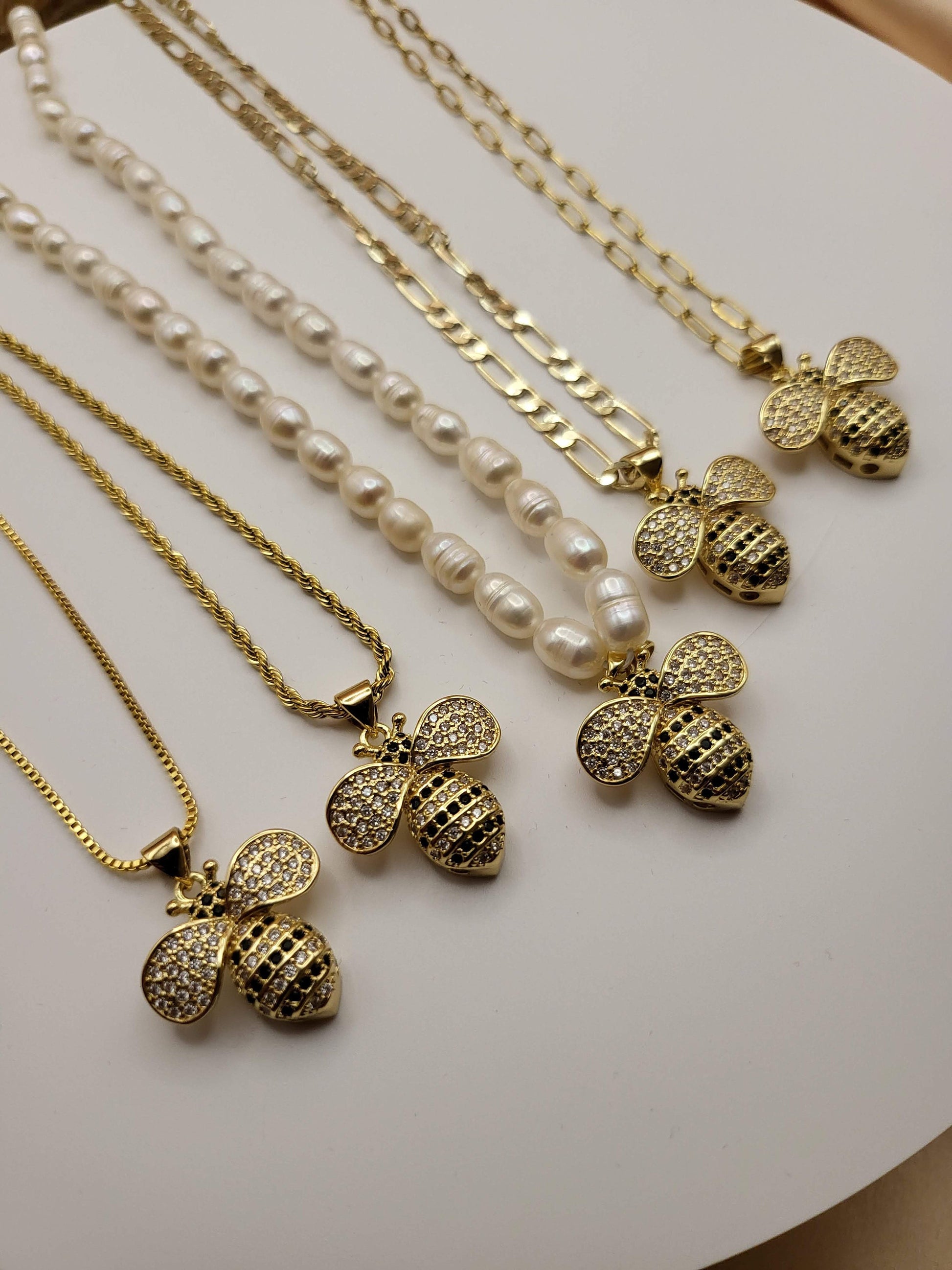 18K Gold Bee Necklace, WATERPROOF Adjustable Chains.