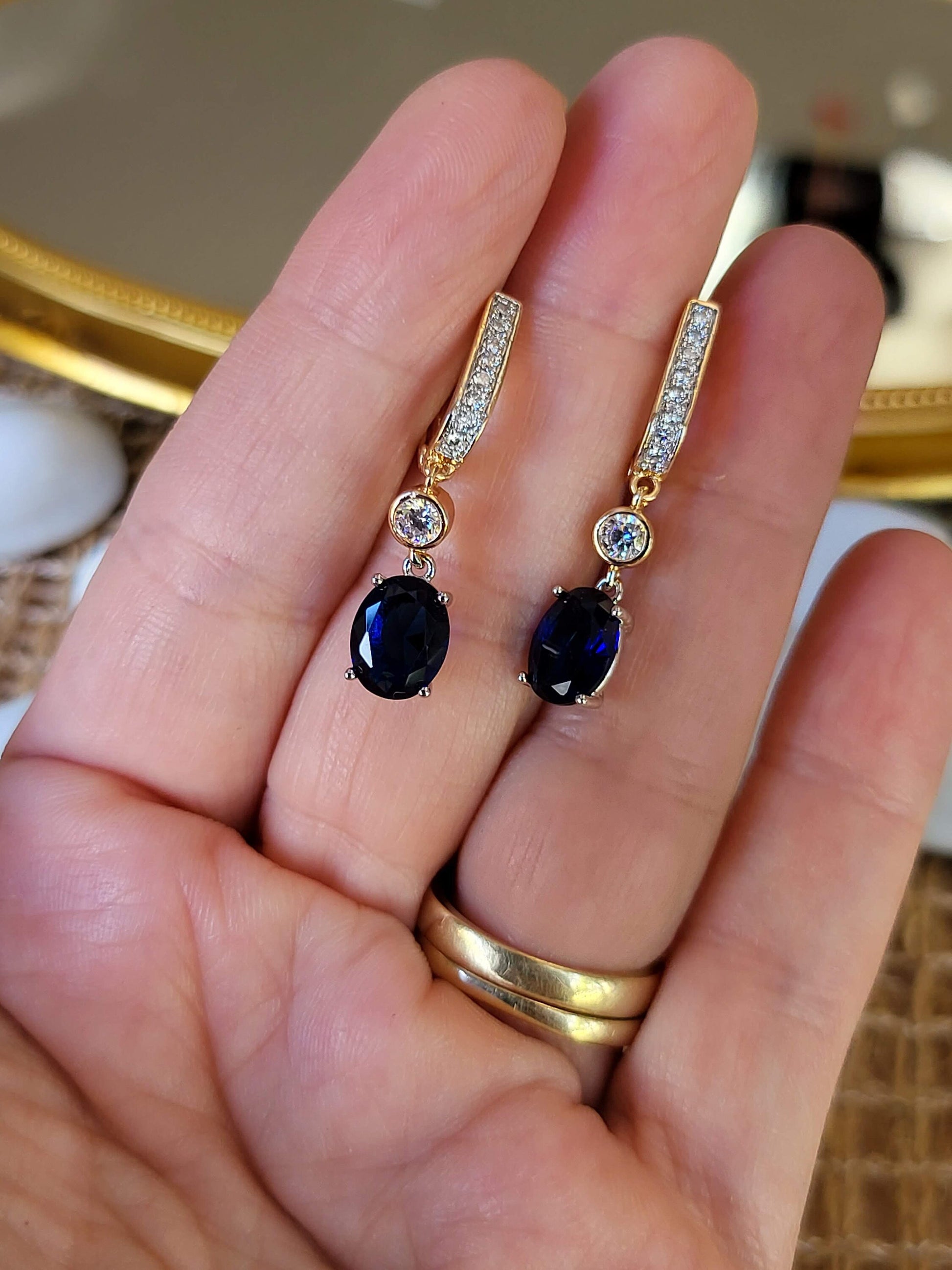 Gold Filled Midnight Blue Zircon Earrings, Anniversary Gift.