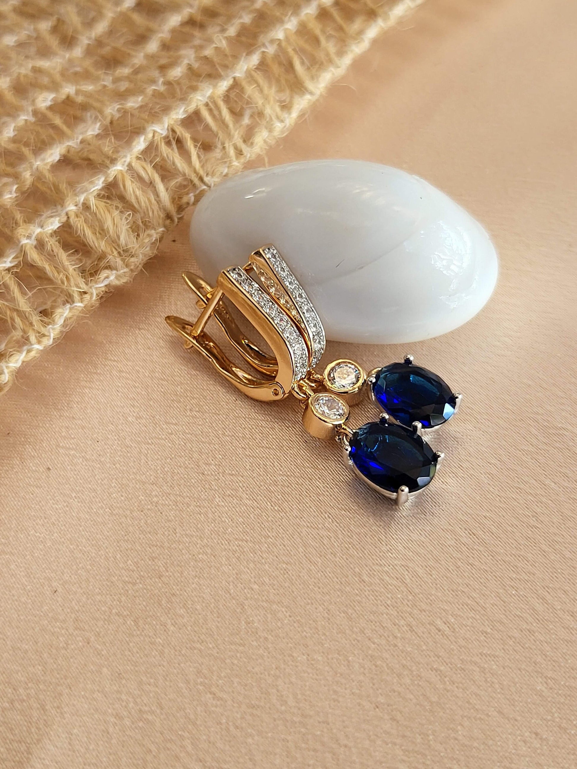 Gold Filled Midnight Blue Zircon Earrings, Anniversary Gift.