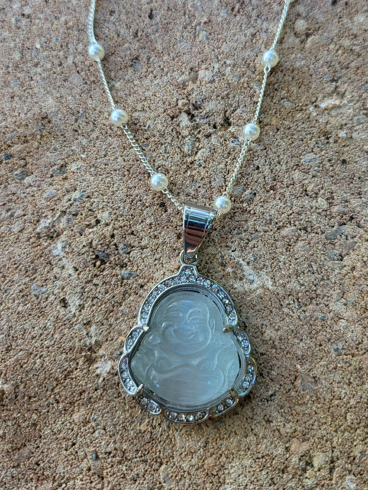 Silver Jade Buddha Necklace, WATERPROOF Adjustable Chains.