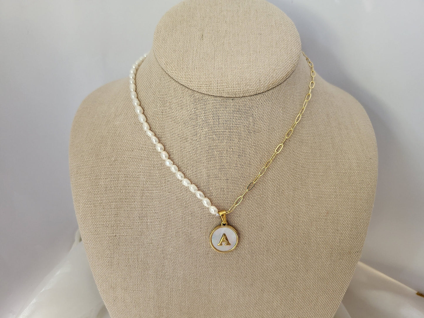 Gold Filled Tiny Link Real Pearl Initial Necklace, WATERPROOF, Gift For Her.