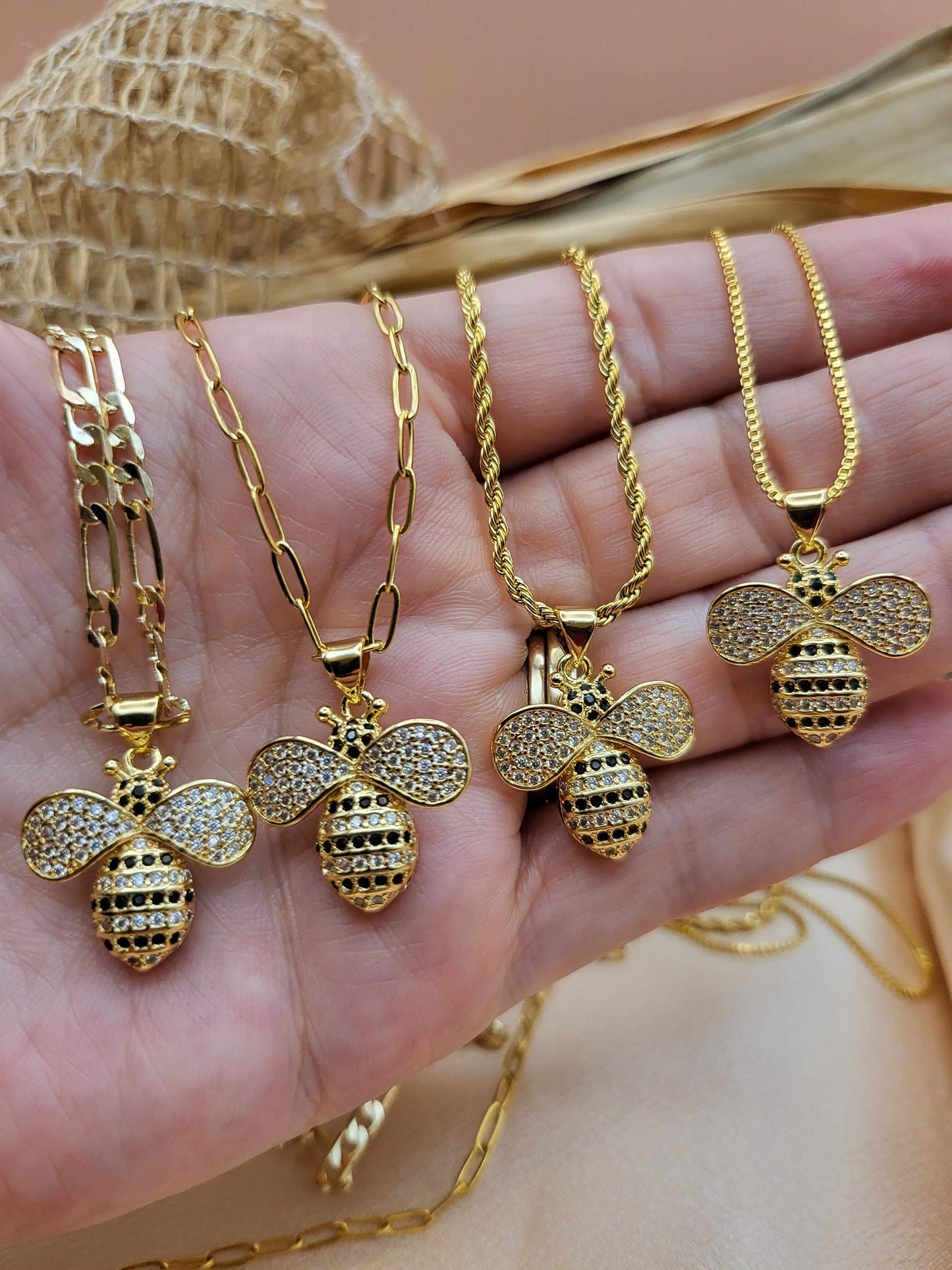 18K Gold Bee Necklace, WATERPROOF Adjustable Chains.