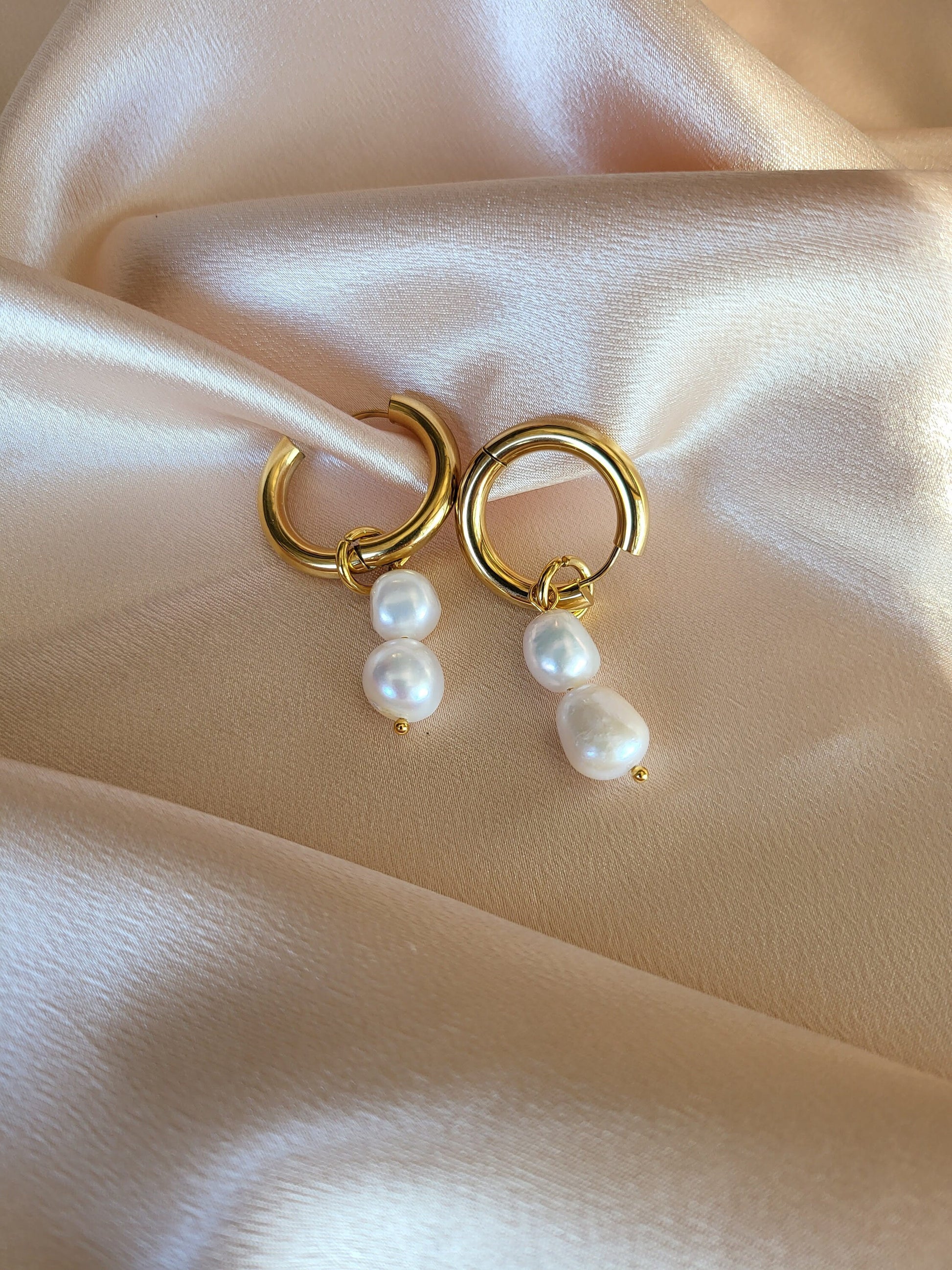 Gold Pearl Hoop Earrings , Waterproof , High Quality.