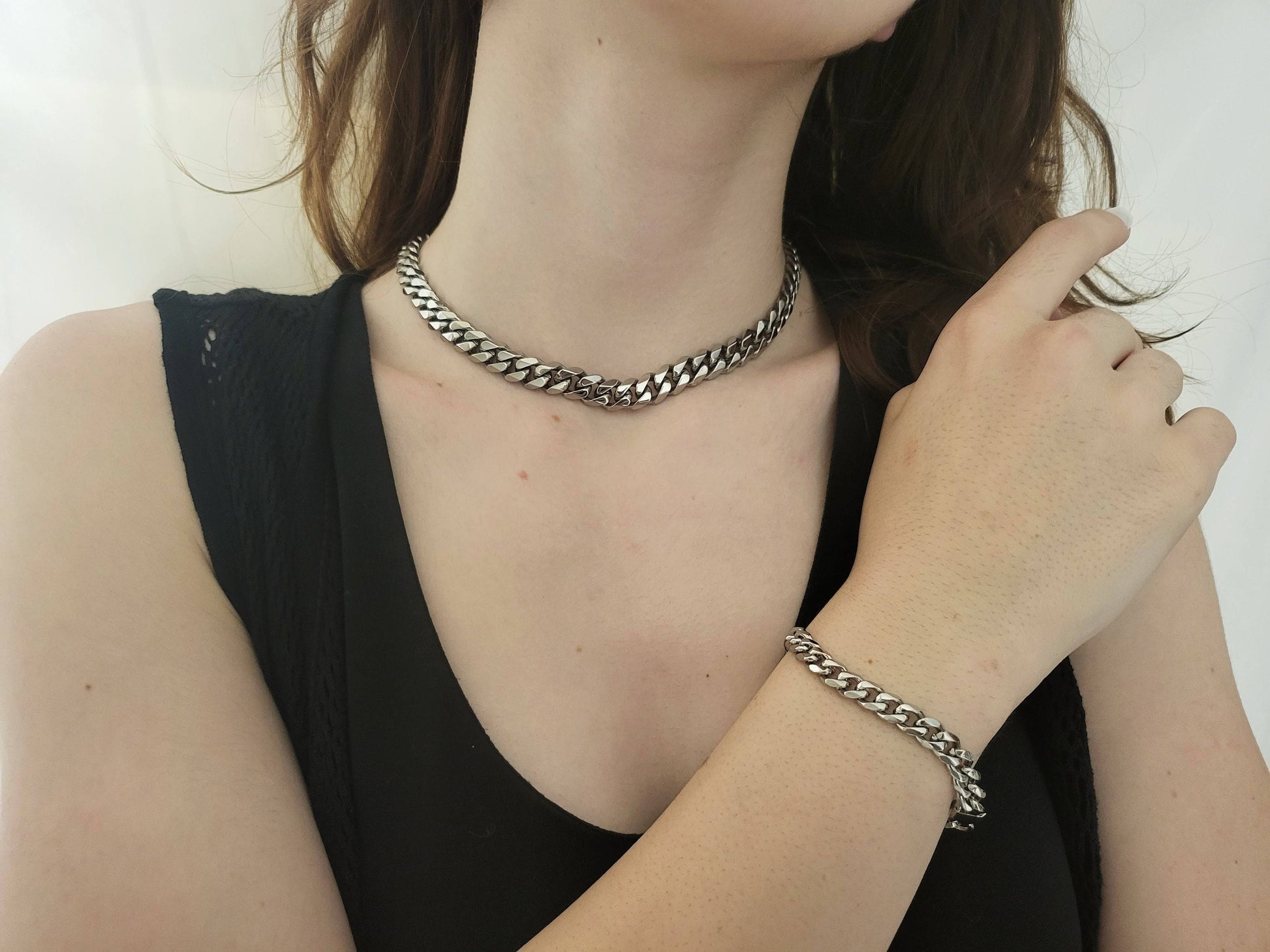 Silver Stainless Steel Non Tarnish 3MM, 5MM, 7MM,9MM Cuban Chain Bracelet,Chunky Necklace,WATERPROOF.