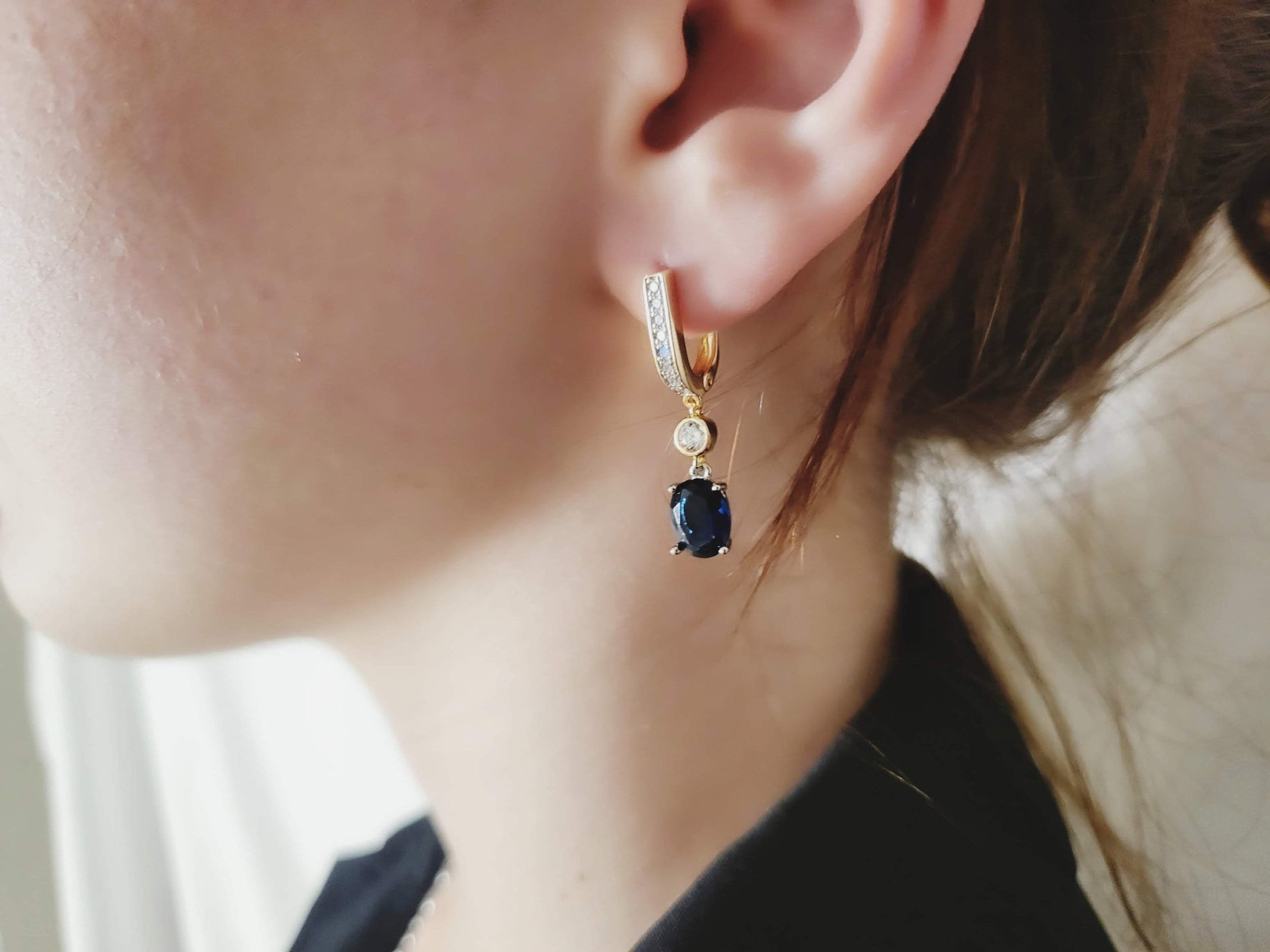 Gold Filled Midnight Blue Zircon Earrings, Anniversary Gift.