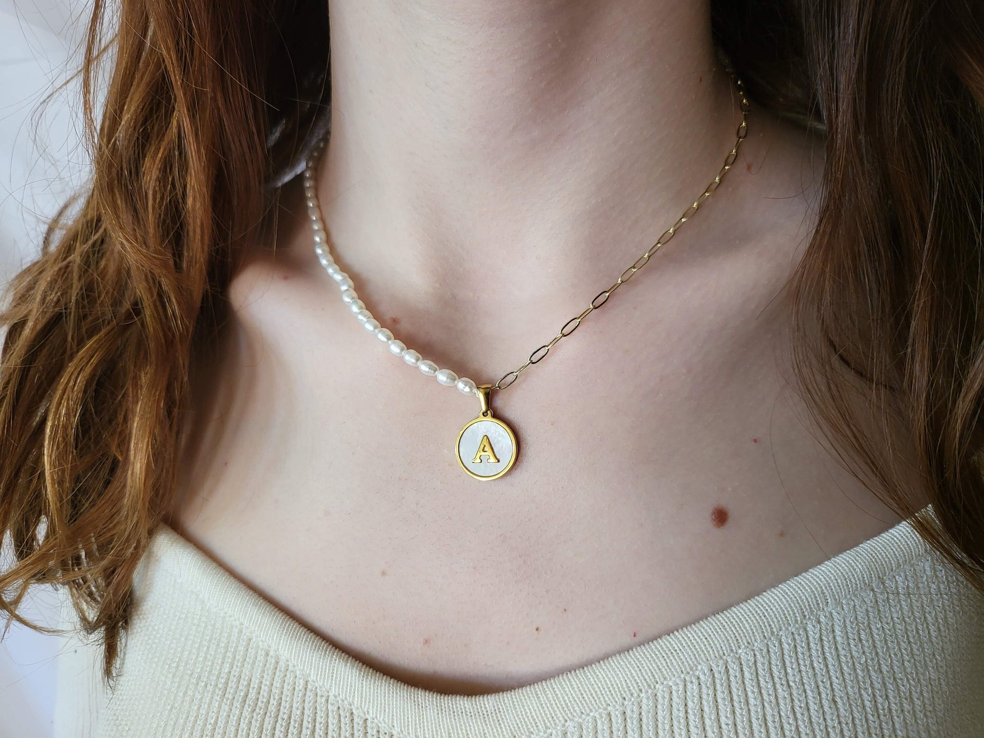 Gold Filled Tiny Link Real Pearl Initial Necklace, WATERPROOF, Gift For Her.