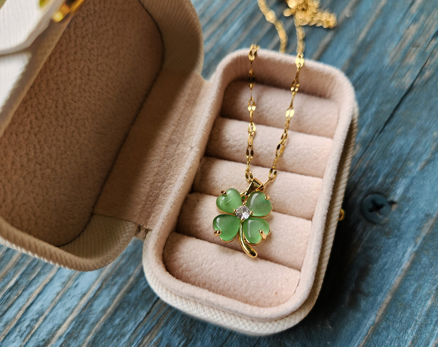 Gold Filled Clover Natural Jade Necklace, WATERPROOF Adjustable Chains.