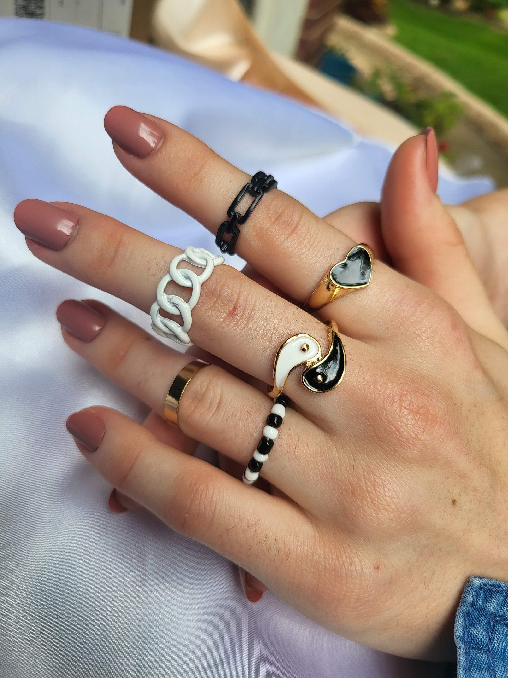 Gold Black and White Ring Set , Waterproof , High Quality Gift.