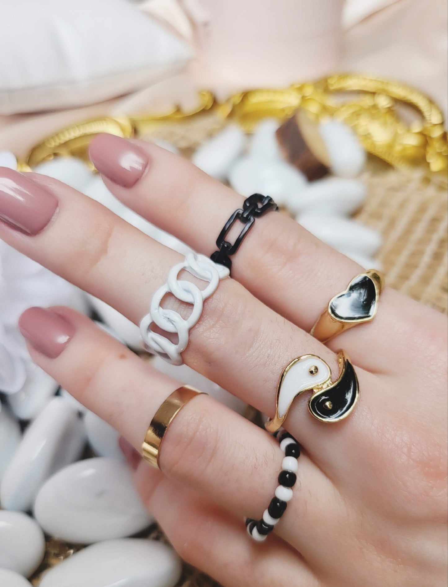 Gold Black and White Ring Set , Waterproof , High Quality Gift.