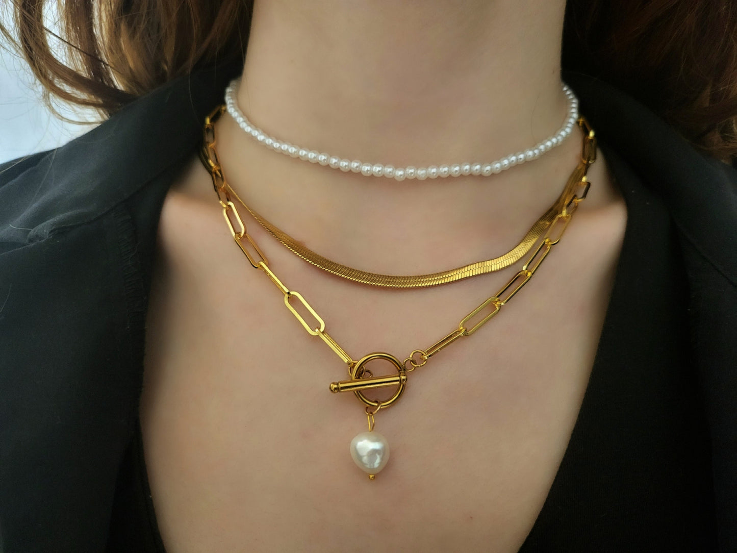 Gold Link Necklace,Pearl Choker,Herringbone Chain, WATERPROOF Adjustable Chains.