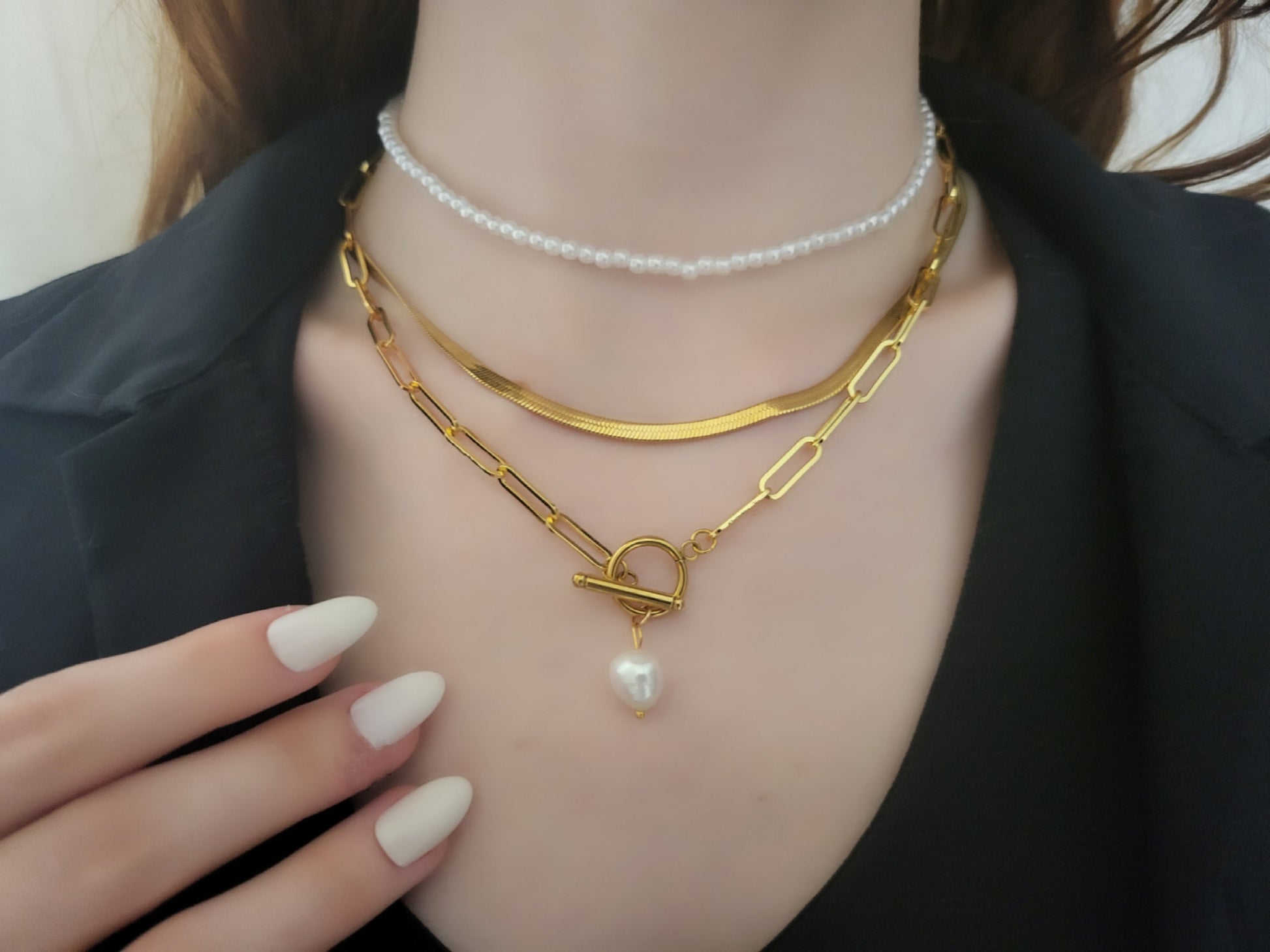 Gold Link Necklace,Pearl Choker,Herringbone Chain, WATERPROOF Adjustable Chains.