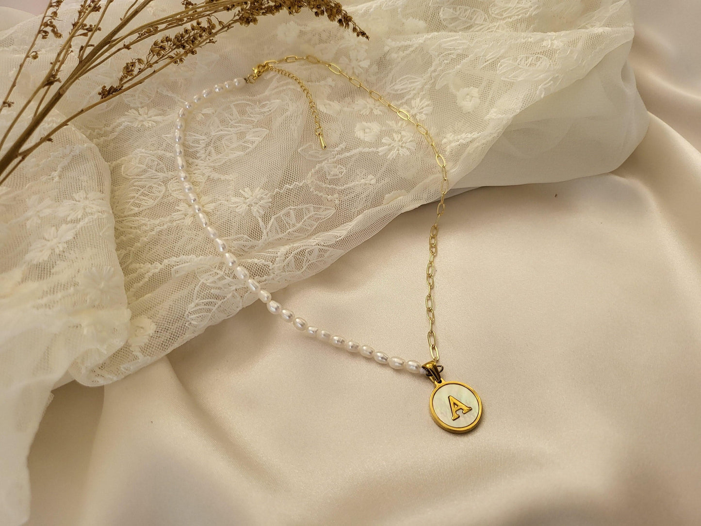 Gold Filled Tiny Link Real Pearl Initial Necklace, WATERPROOF, Gift For Her.