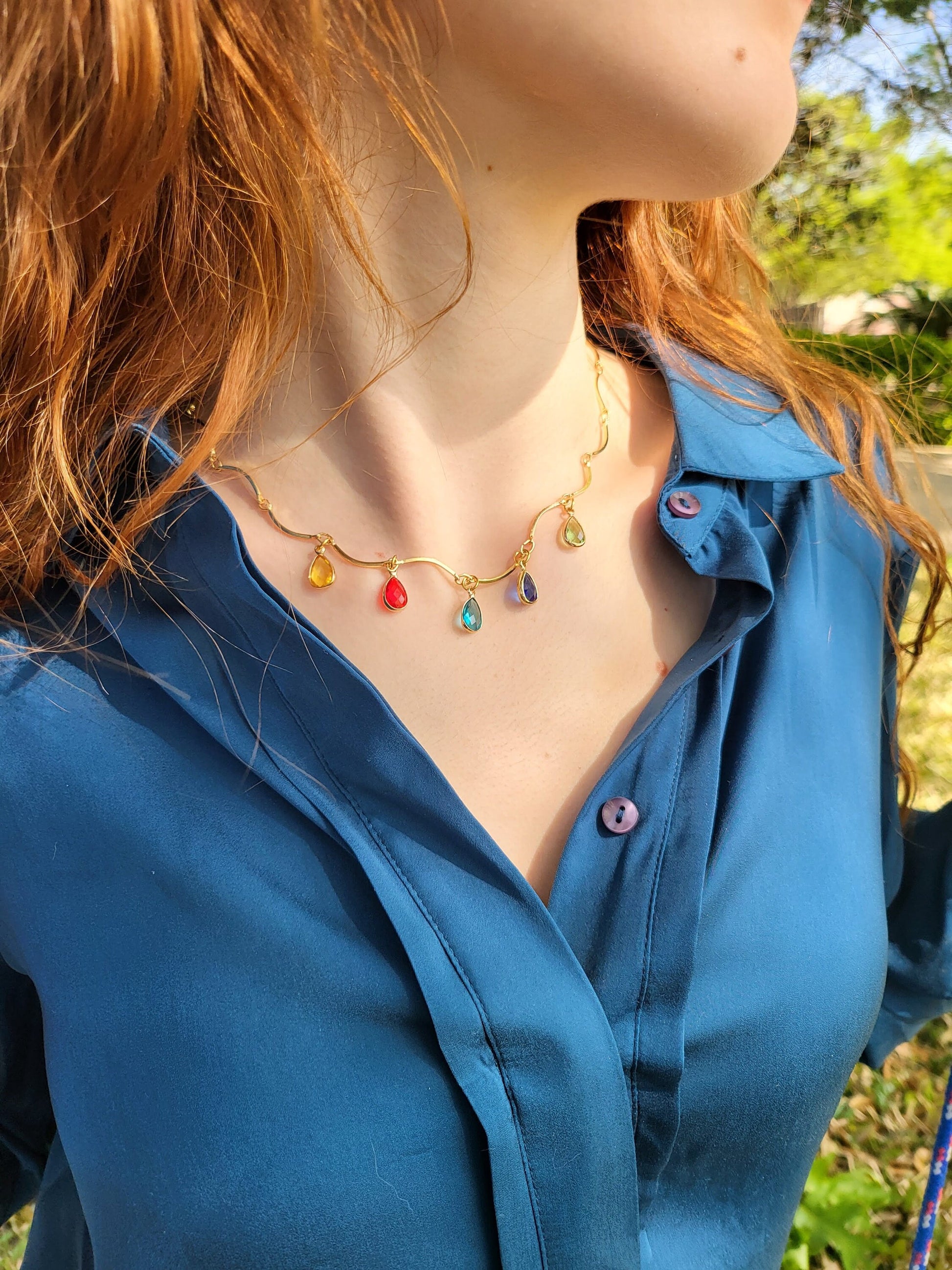 Gold Filled Half Moon Chain Necklace, Birthstone Necklace,WATERPROOF.