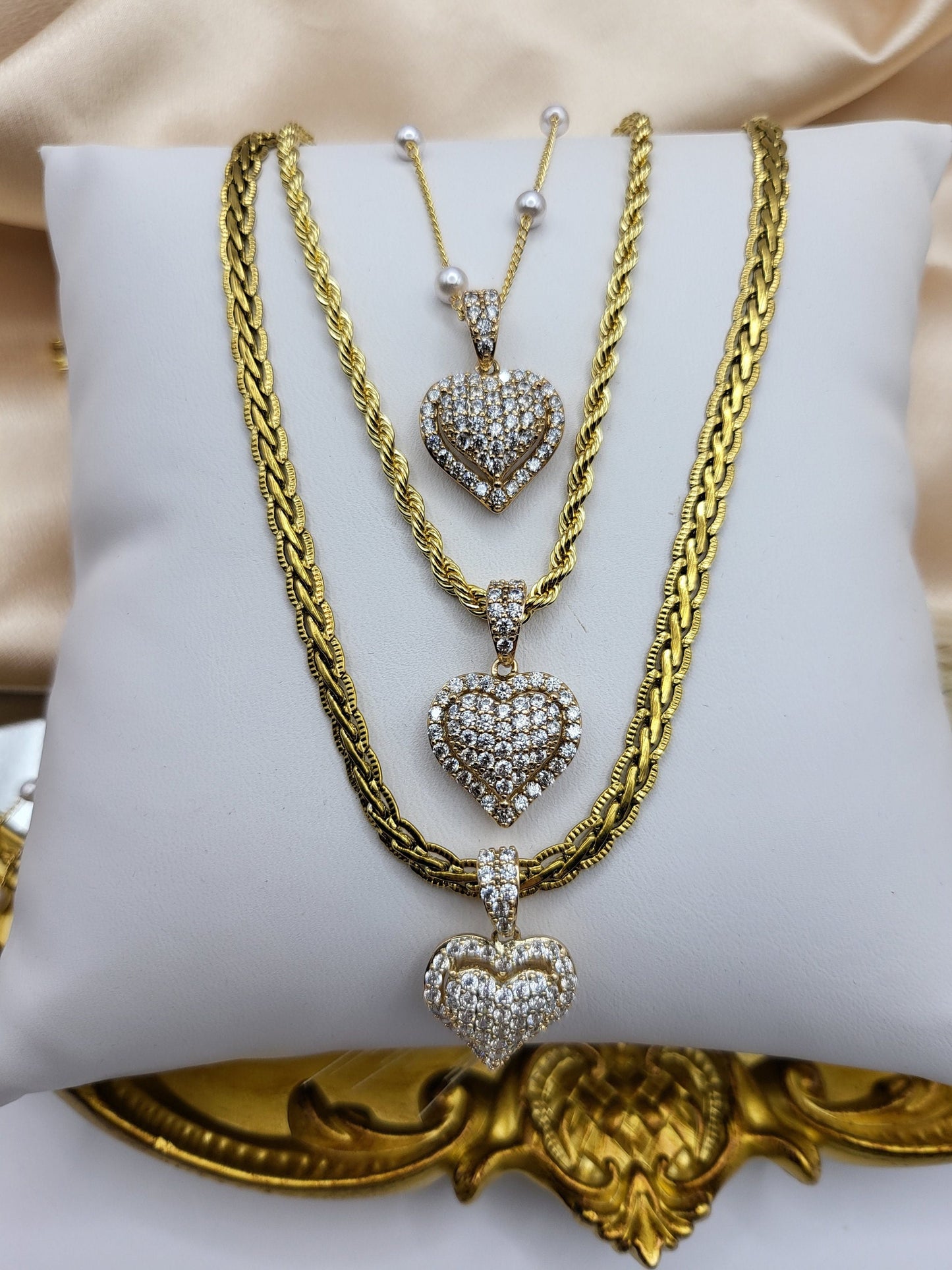 Gold CZ Heart Necklace , WATERPROOF Adjustable Chains.