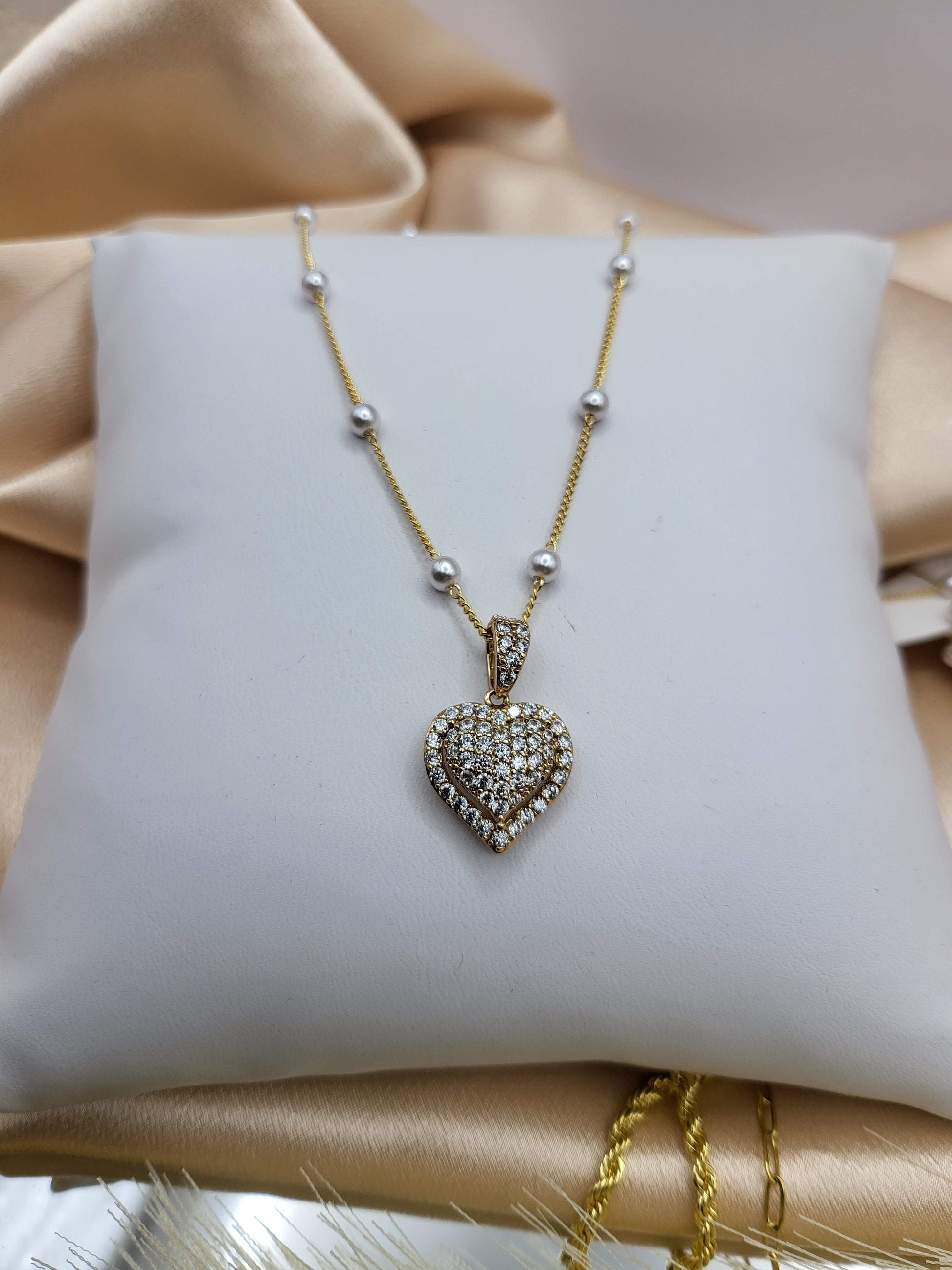 Gold CZ Heart Necklace , WATERPROOF Adjustable Chains.