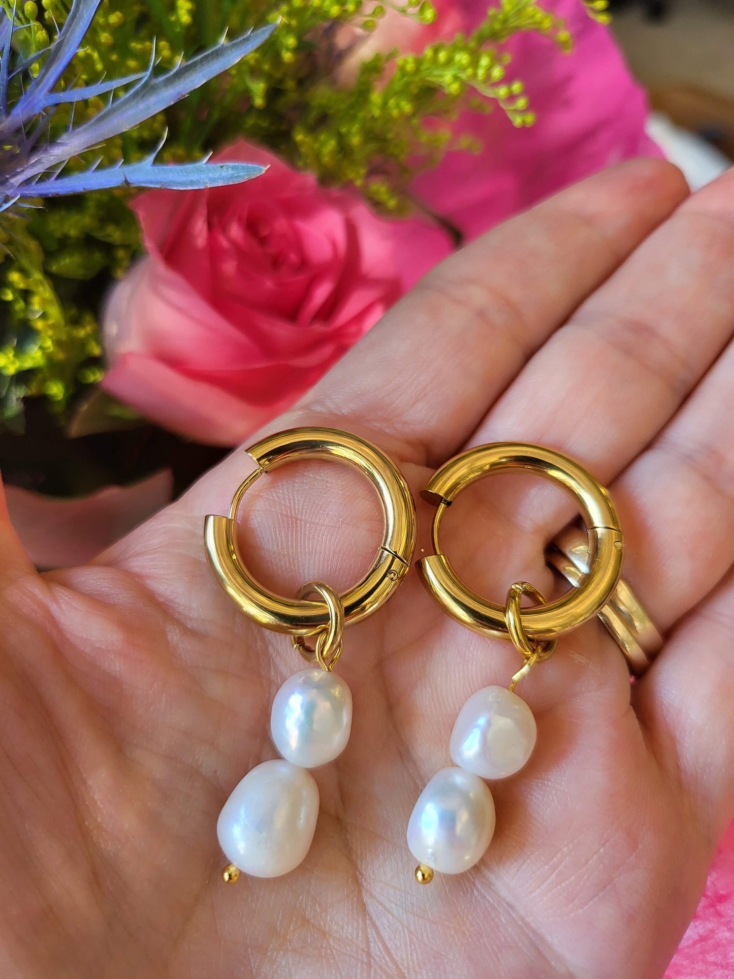 Gold Pearl Hoop Earrings , Waterproof , High Quality.