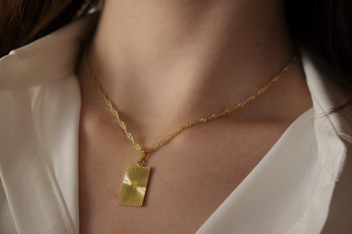 Gold Filled Square Necklace, Sunburst Geometric Necklace, Bright Pendant .