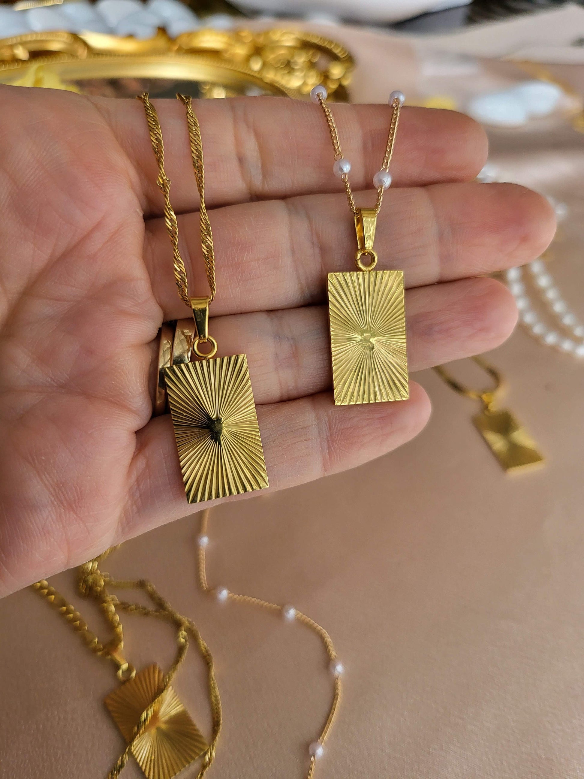 Gold Filled Square Necklace, Sunburst Geometric Necklace, Bright Pendant .