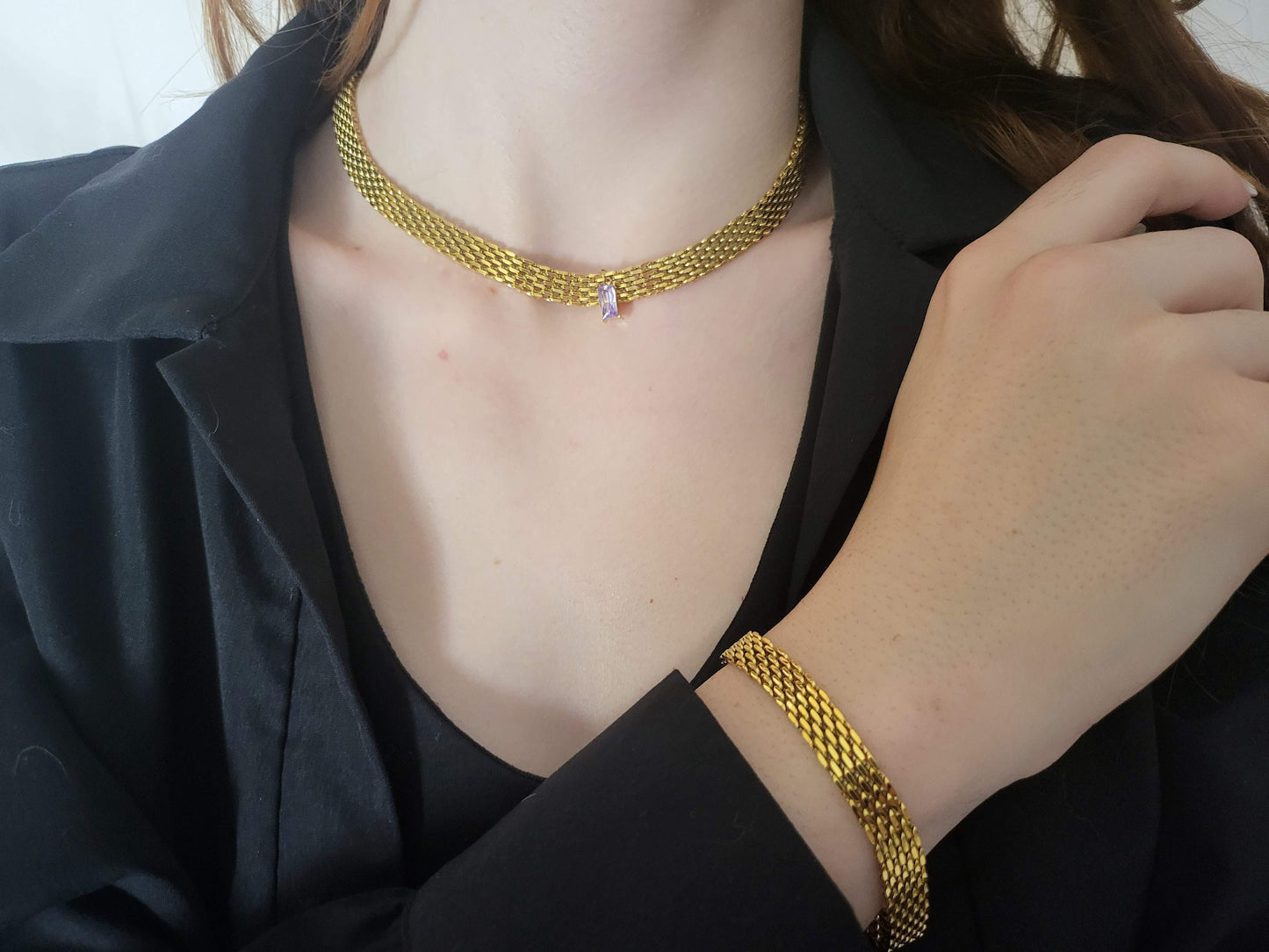 Gold Mesh Necklace, Non Tarnish Bracelet, WATERPROOF.