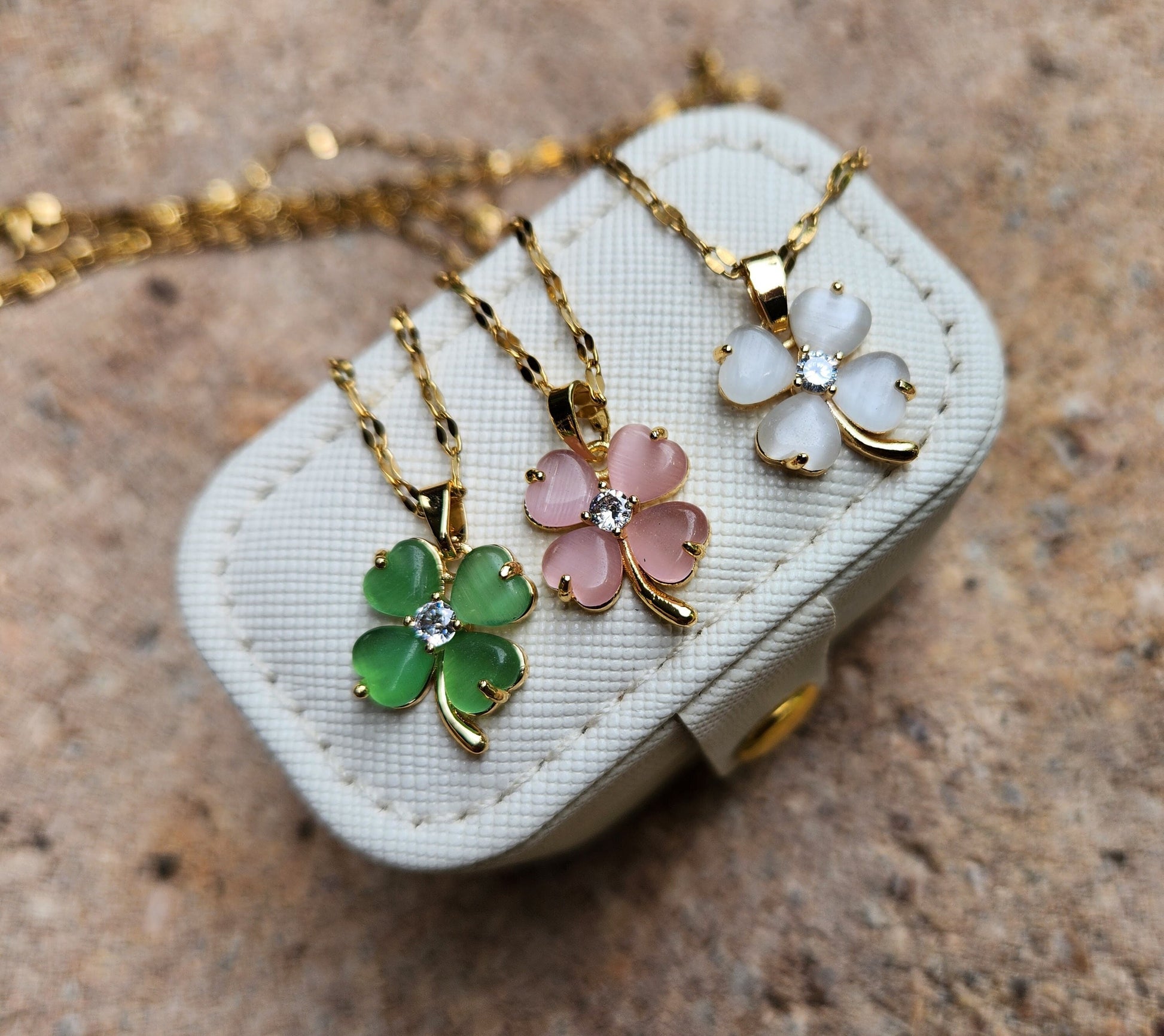 Gold Filled Clover Natural Jade Necklace, WATERPROOF Adjustable Chains.