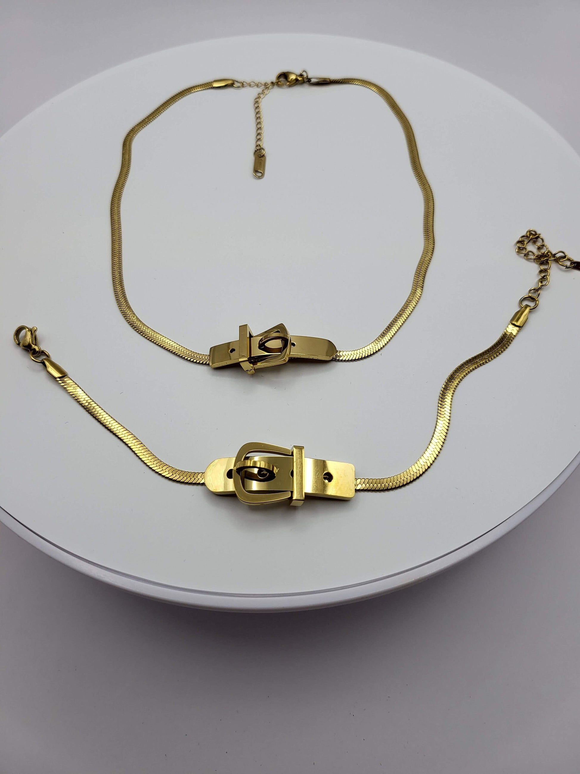 18K Gold Filled Herringbone Locked Necklace, Snake Bracelet.