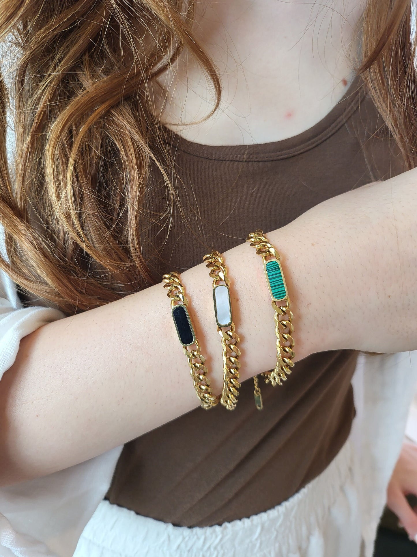 Gold Filled Green Tiger Eye,Black Cat's Eye Scopolite Cuban Chain Bracelet ,WATERPROOF, Non Tarnish.